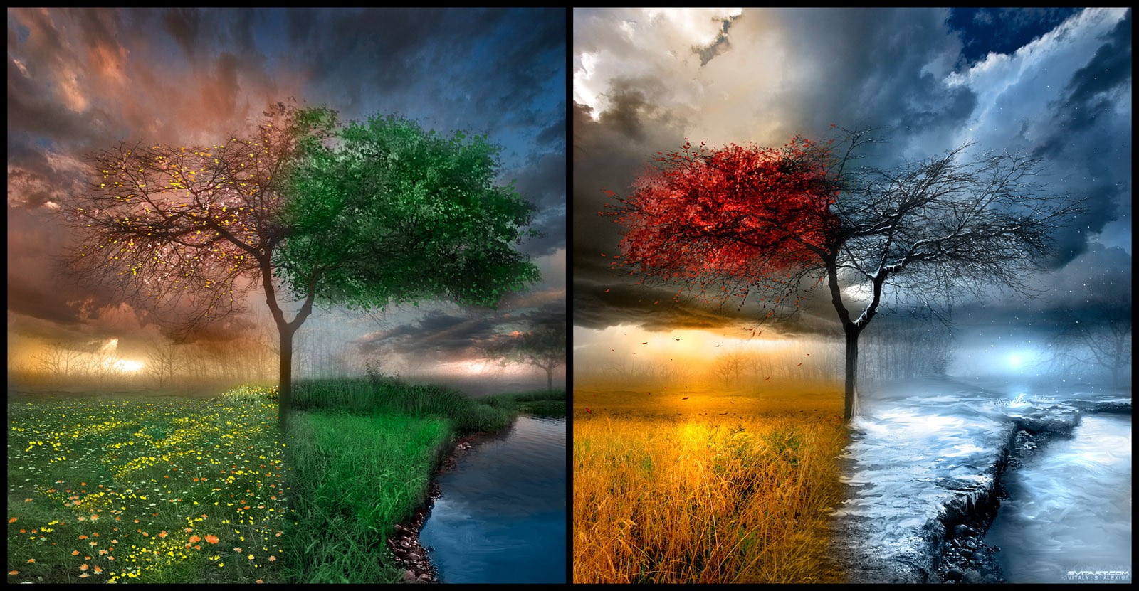 four seasons tree painting, landscape, trees, water, clouds, collage