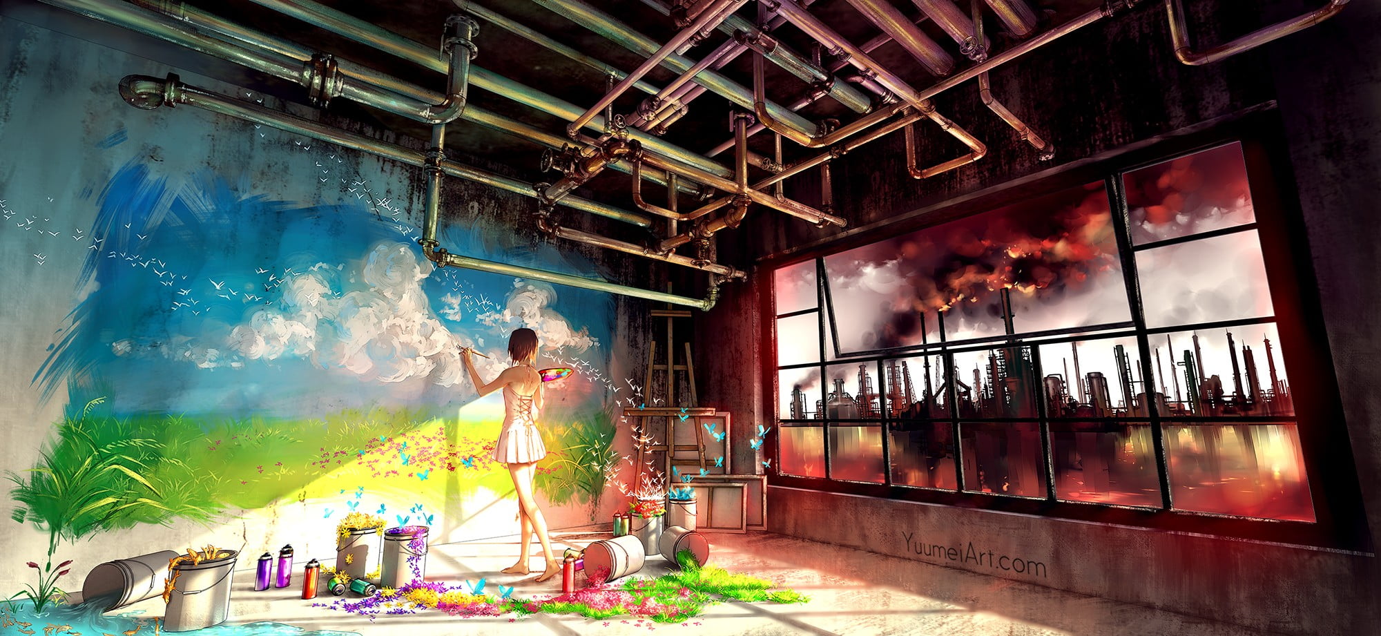 woman painting wallpaper, Yuu, Yuumei, pipes, room, industrial city