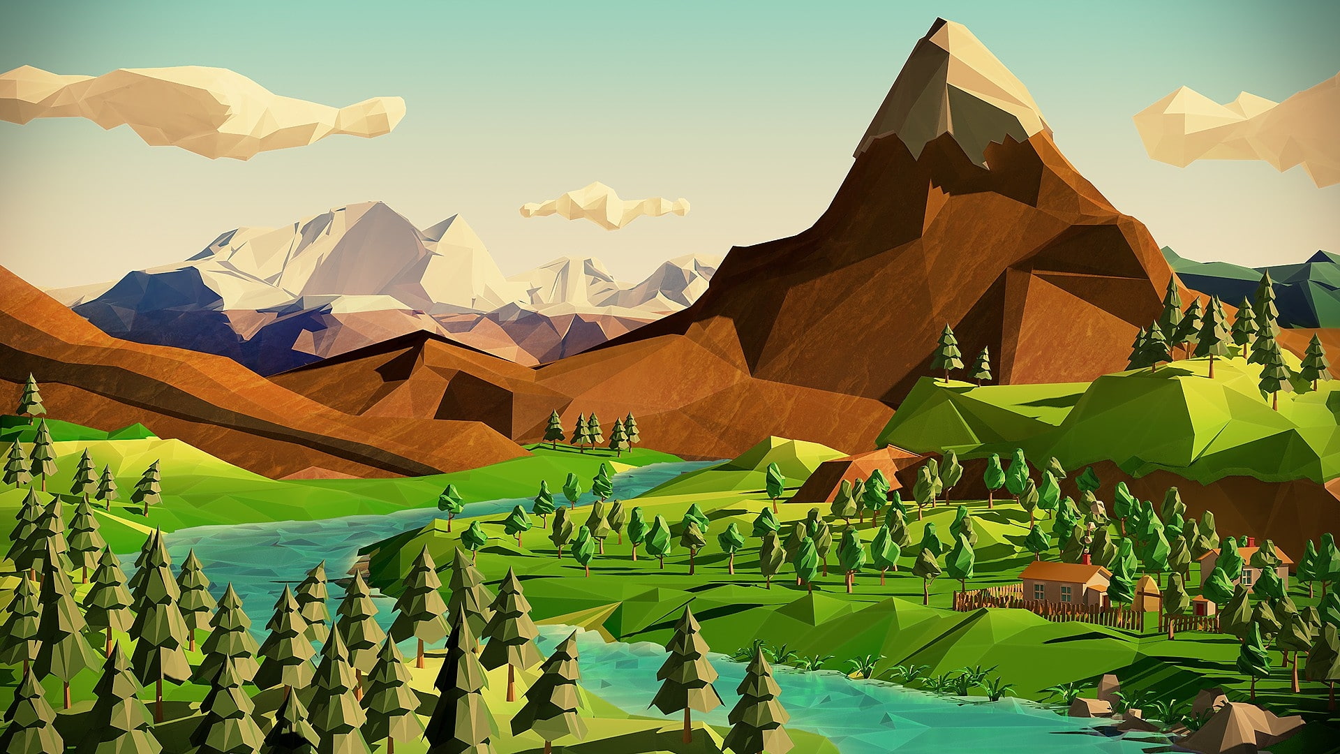 lowpoly, landscape, 3D, nature, sky, beauty in nature, green color