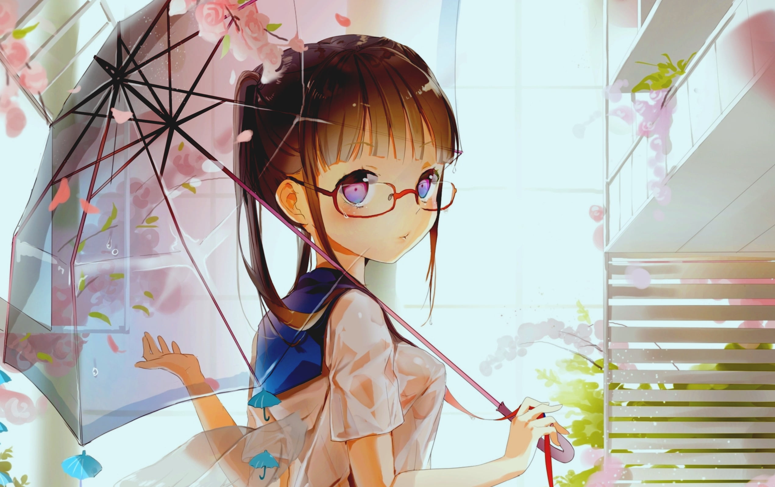 Girl Glasses And Umbrella, woman holding umbrella anime digital wallpaper