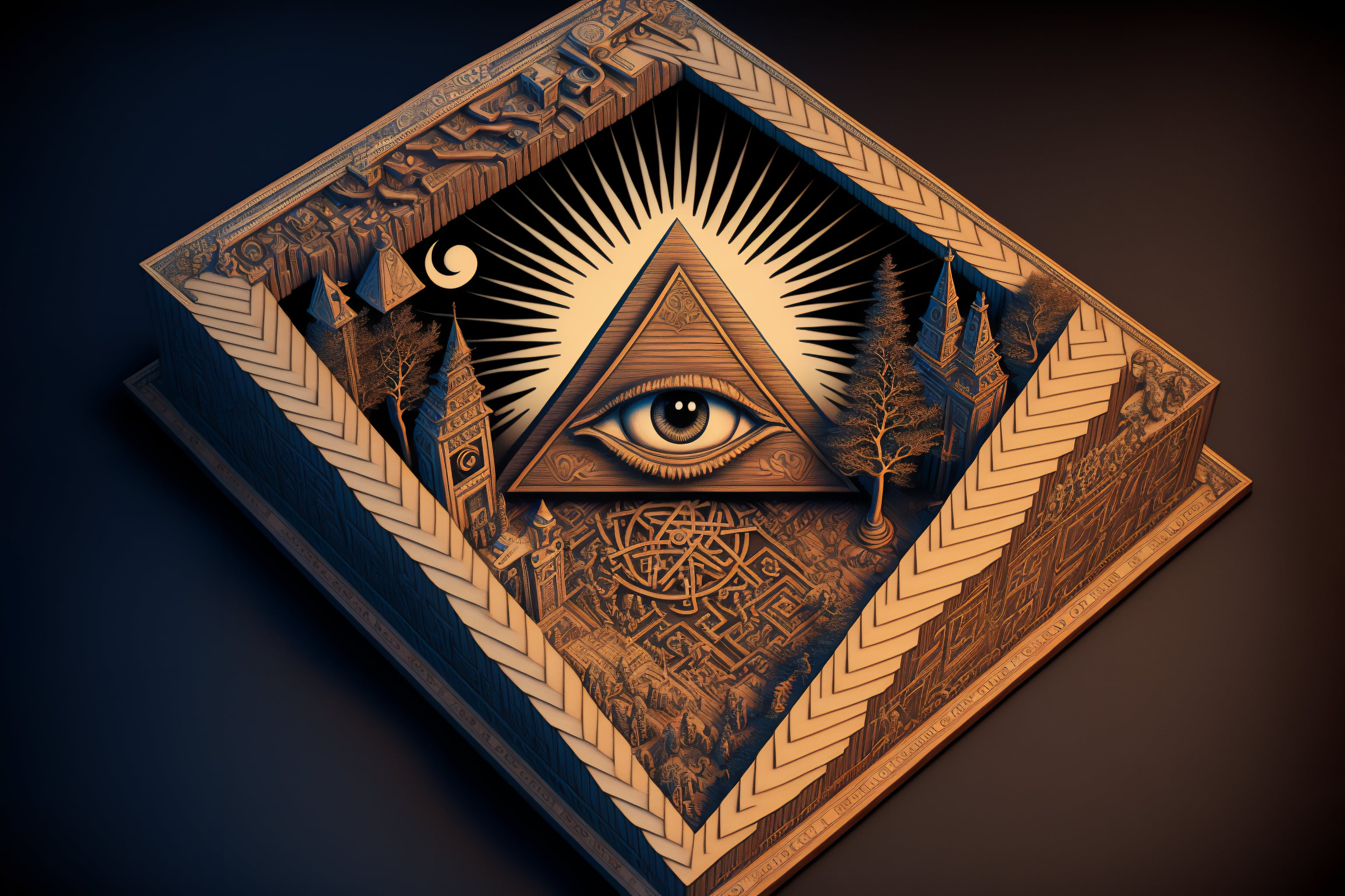 AI art, illustration, Illuminati, wood