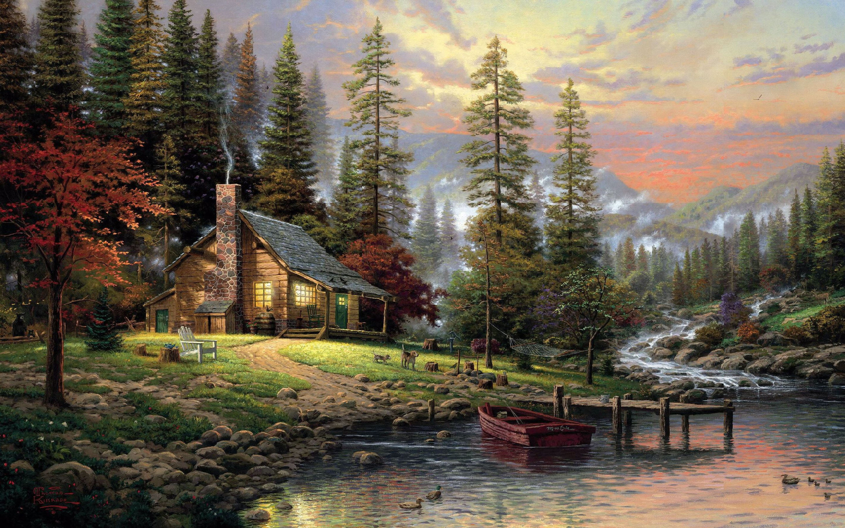 Life In Nature House Forest Trees Stream Lake Boat Painting Desktop Wallpaper Hd 2880×1800