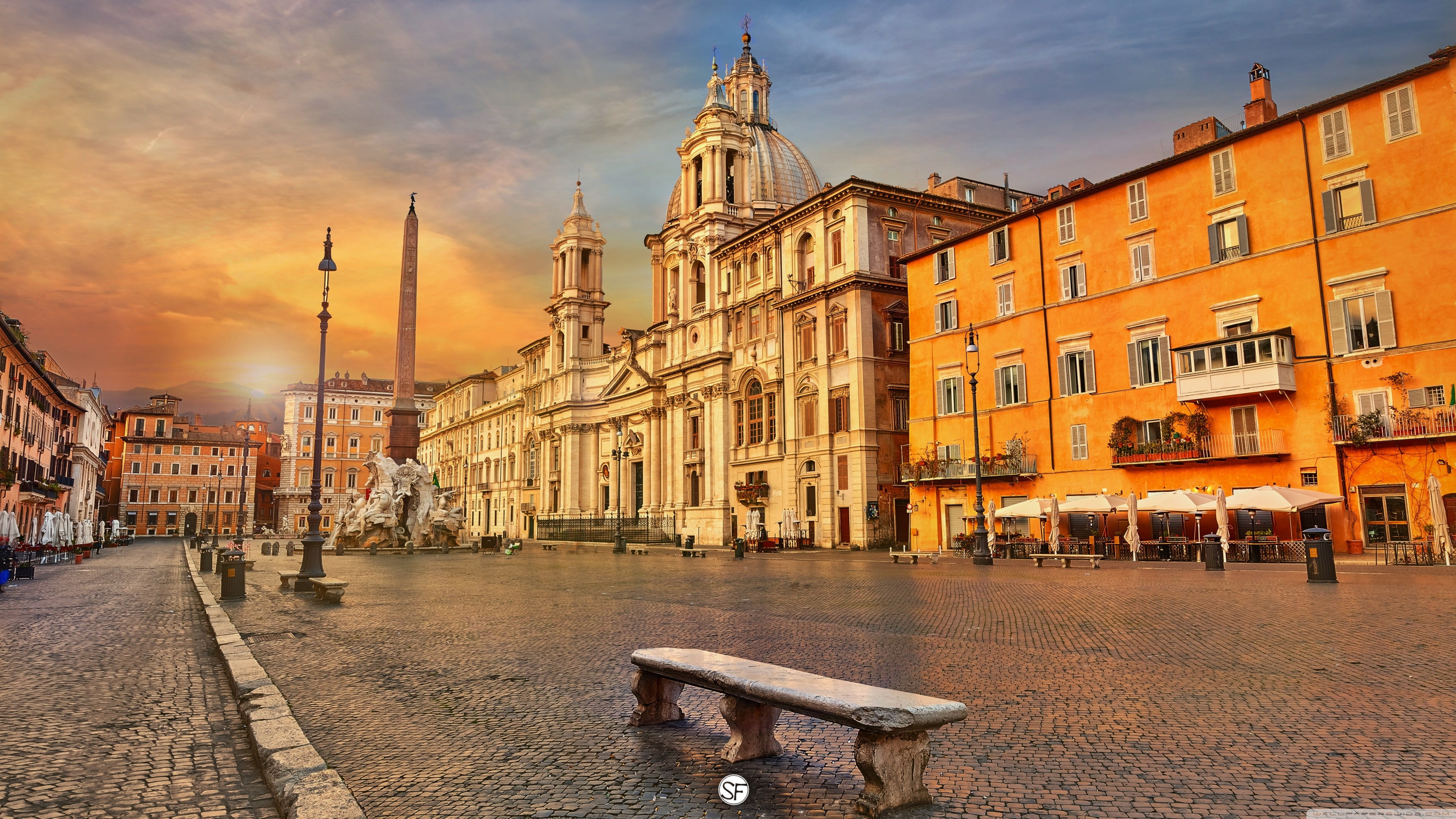 brown and orange painted building, cityscape, sunset, Rome, church