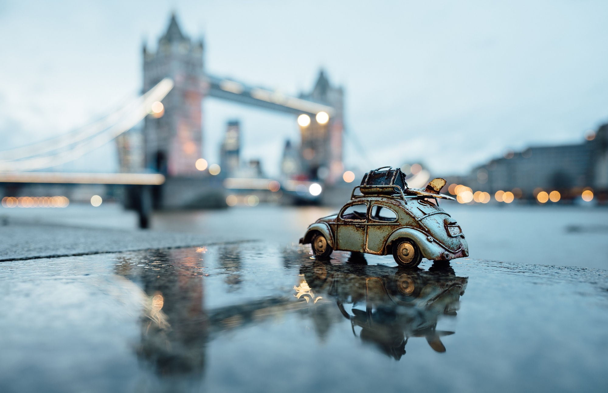 gray toy car, water, city, urban, rain, toys, London, illuminated
