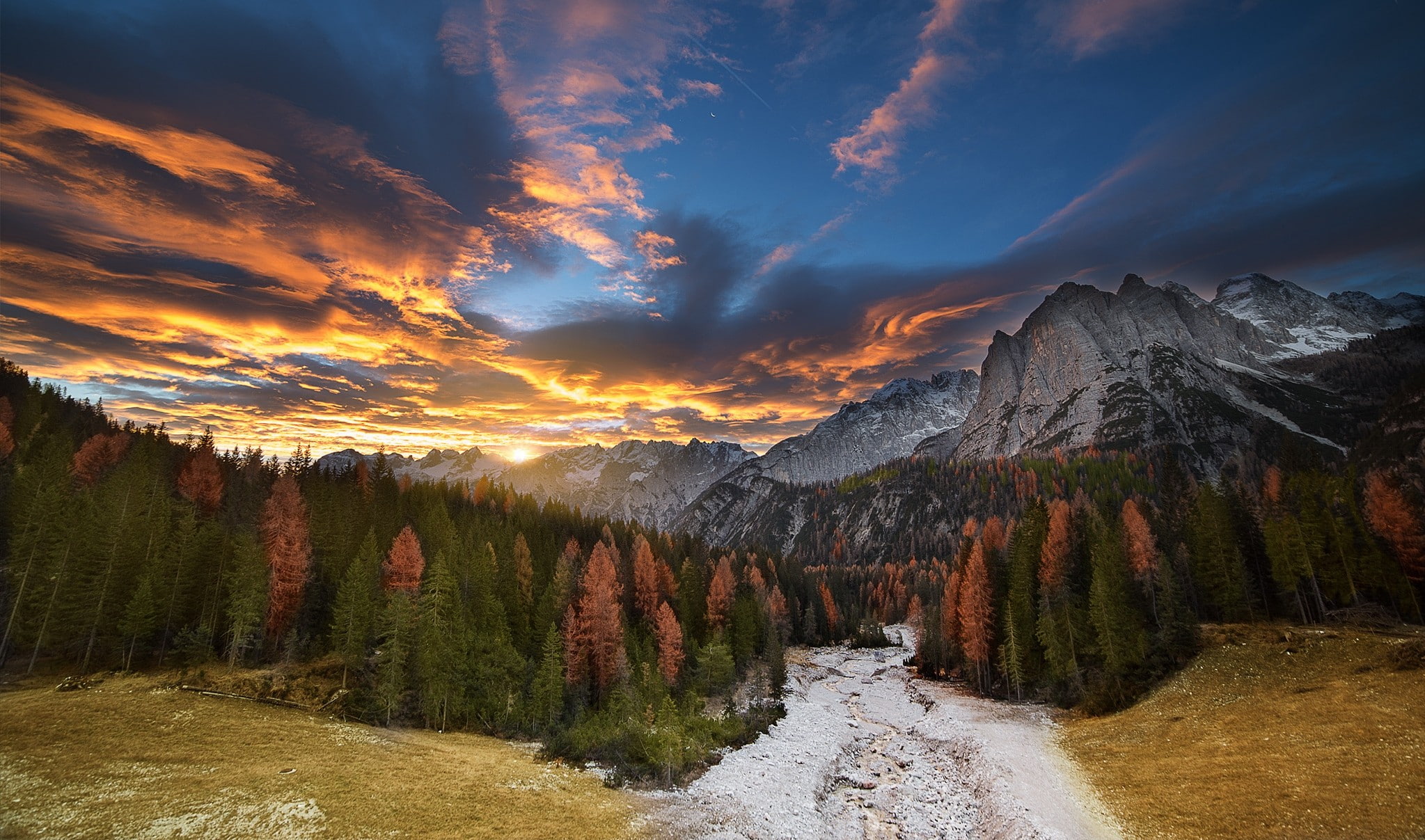 nature, landscape, fall, forest, sunset, mountains, colorful