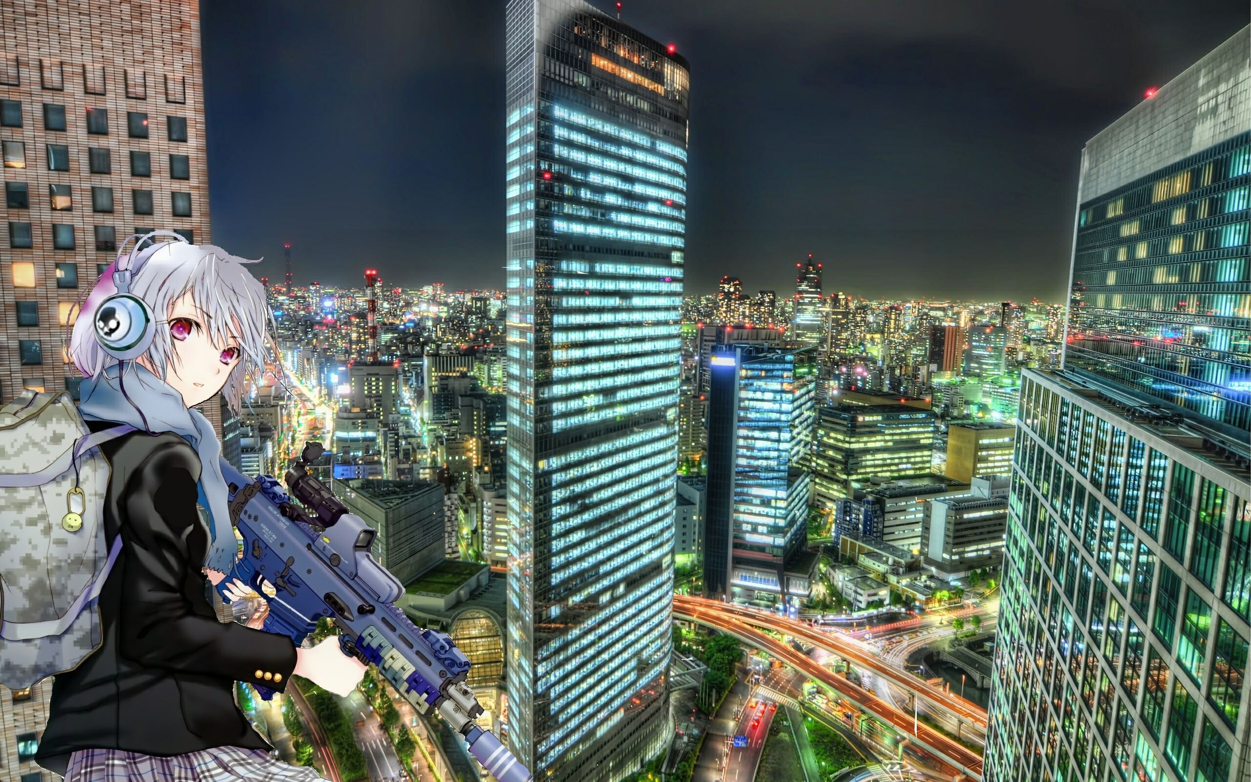 Cyberpunk, Futuristic, Anime Girls, City, Lights, Buildings, gray haired female animated character holding sniper gun