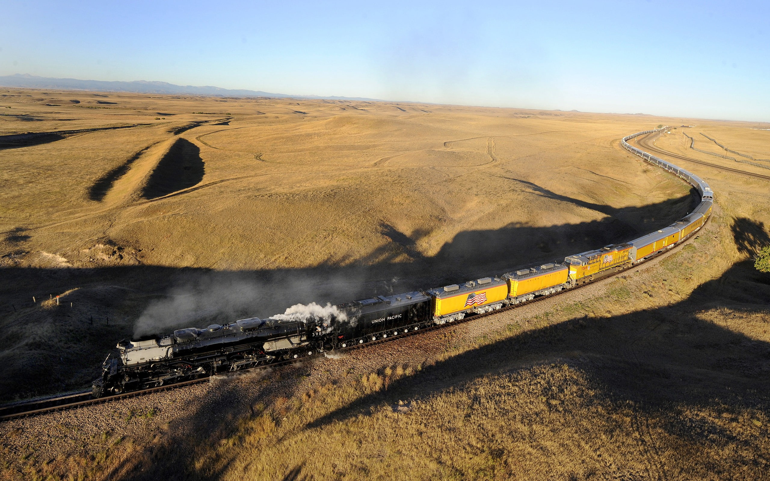 Train, Steam Locomotive, Diesel Locomotives, Transport, Smoke, Yellow Field, black and yellow train