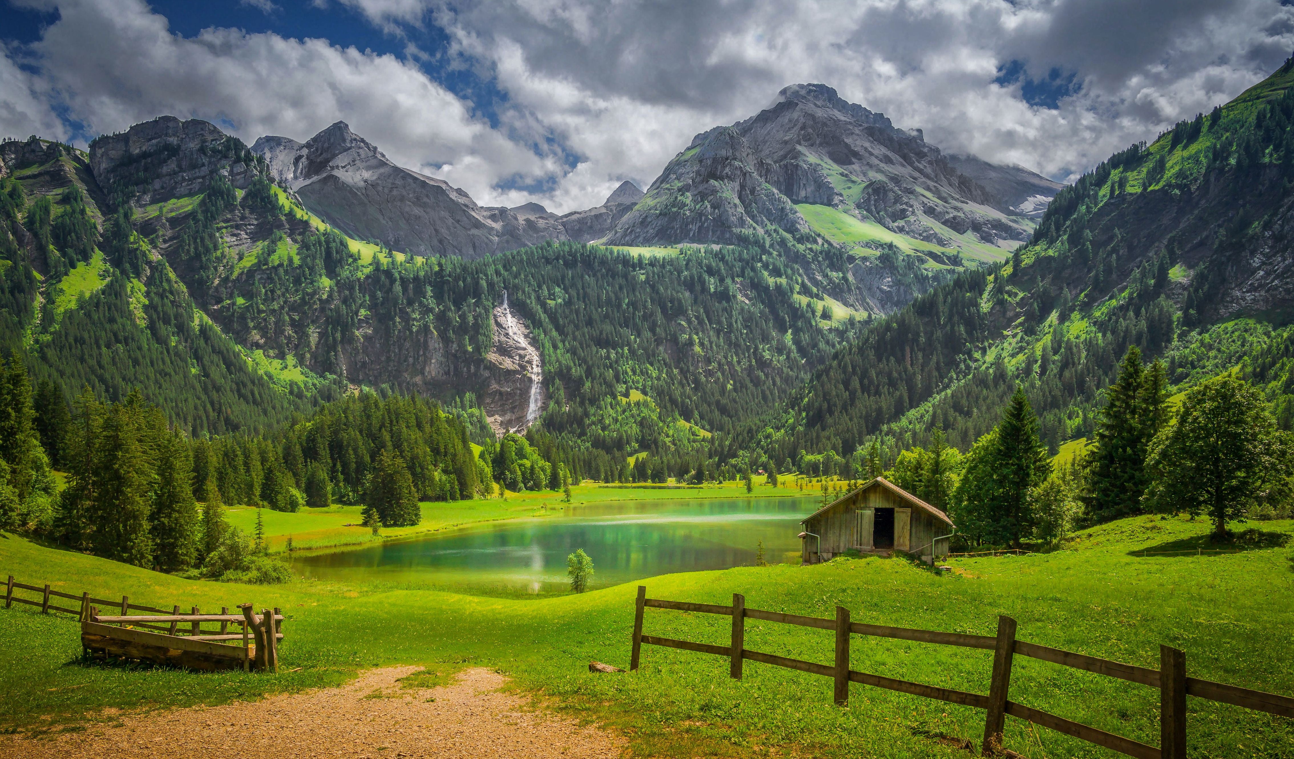 forest, mountains, lake, the fence, Switzerland, the barn, Bernese Alps