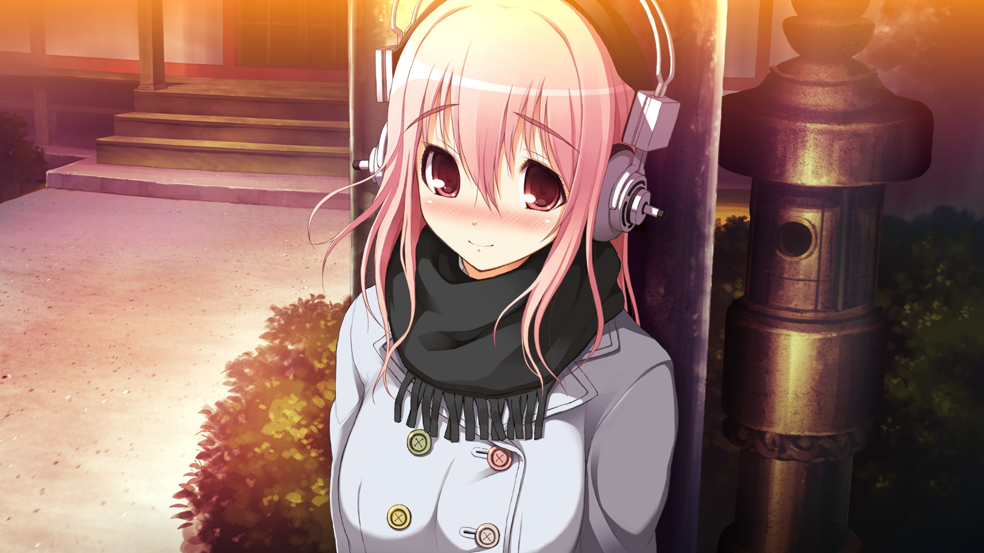 super sonico, scarf, pink hairs, headphones, Anime, representation