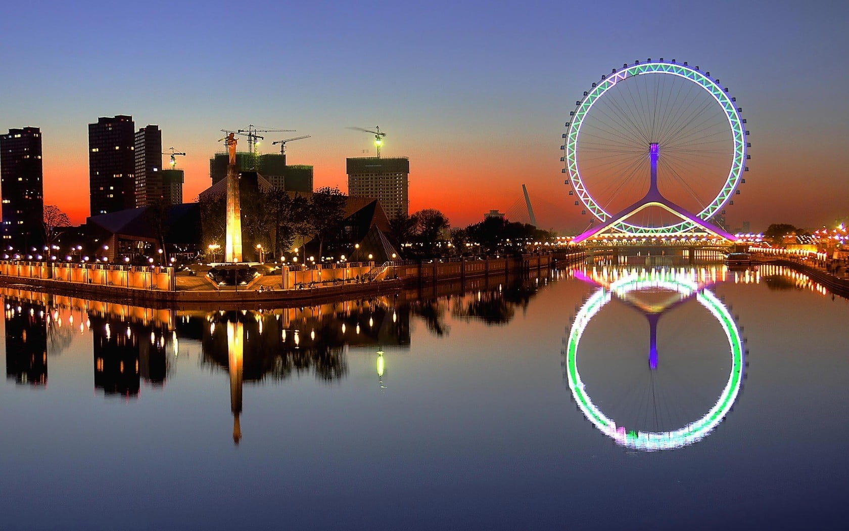 London eye, city, ferry, China, reflection, ferris wheel, Tianjin