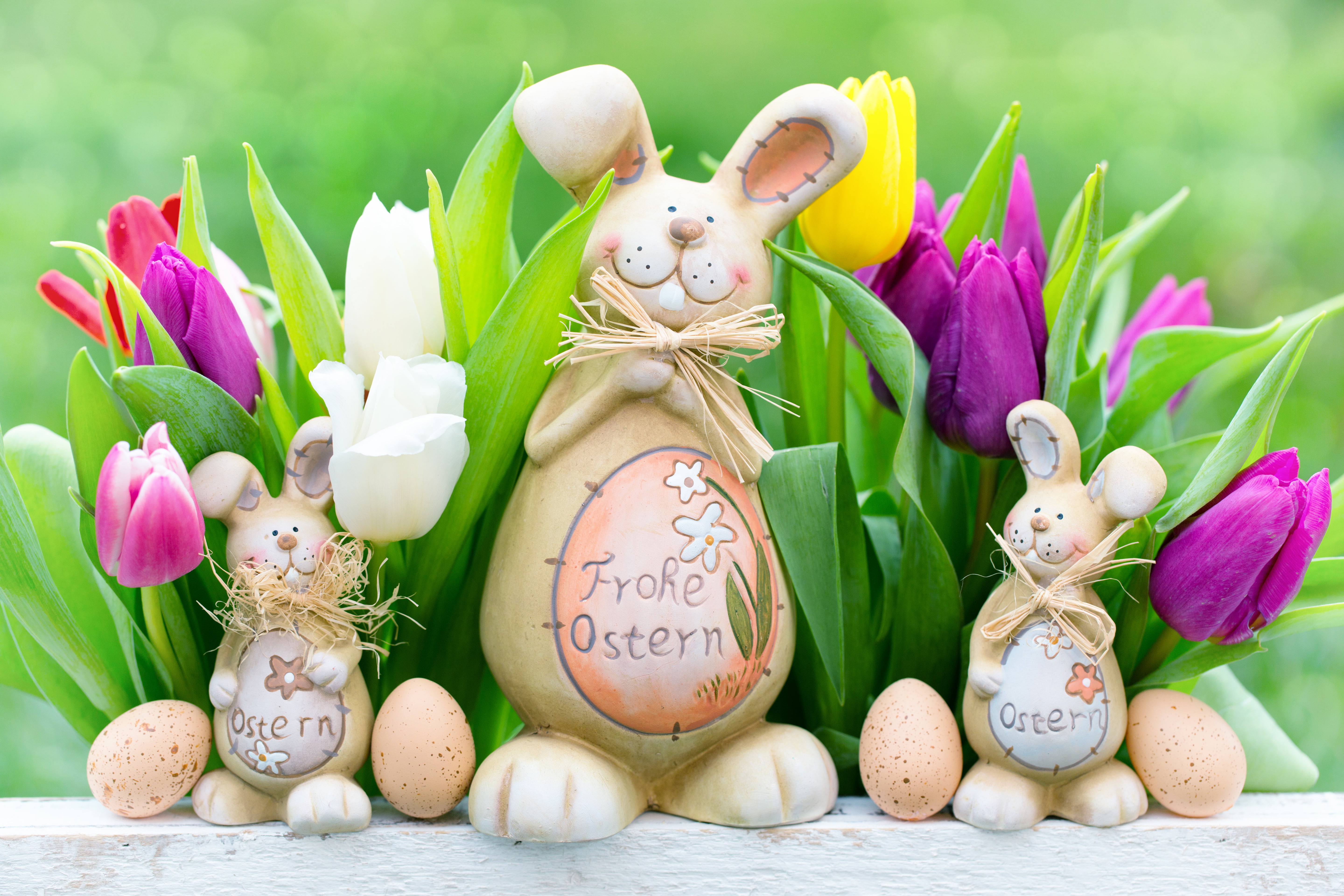 three Easter bunny decors, eggs, Easter eggs, happy easter, flower