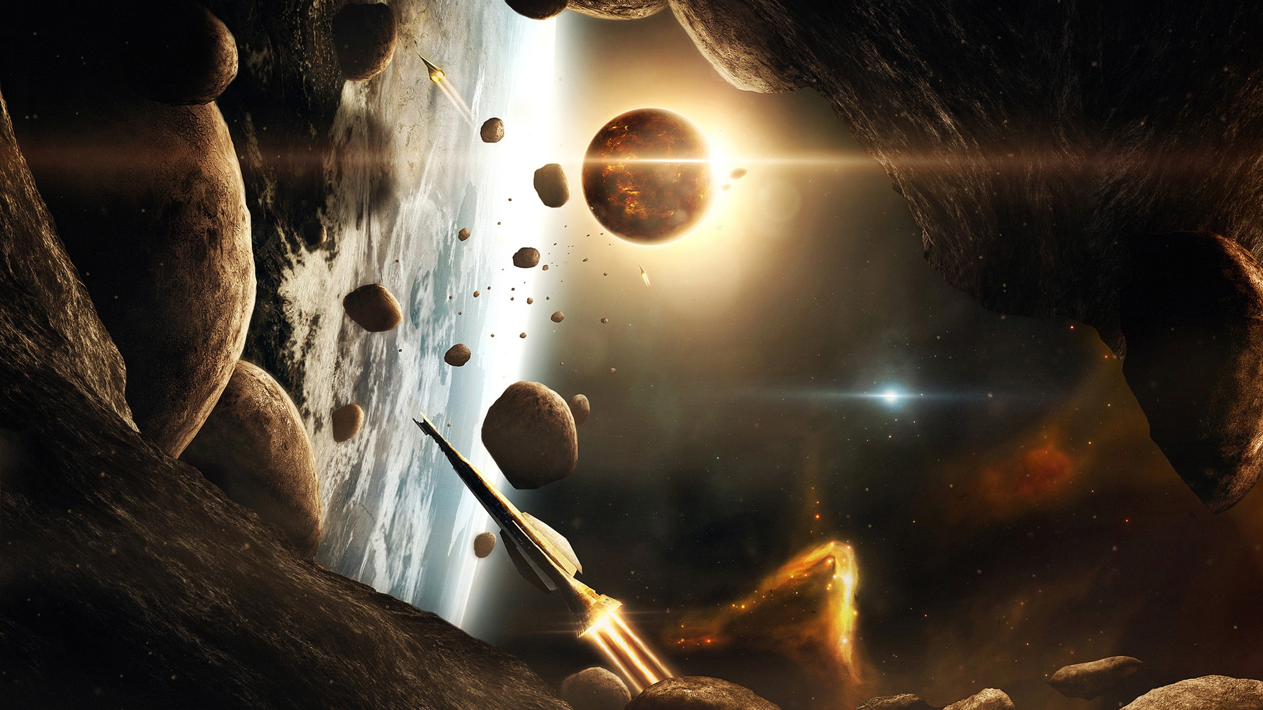 space, rock, space art, spaceship, planet, science fiction
