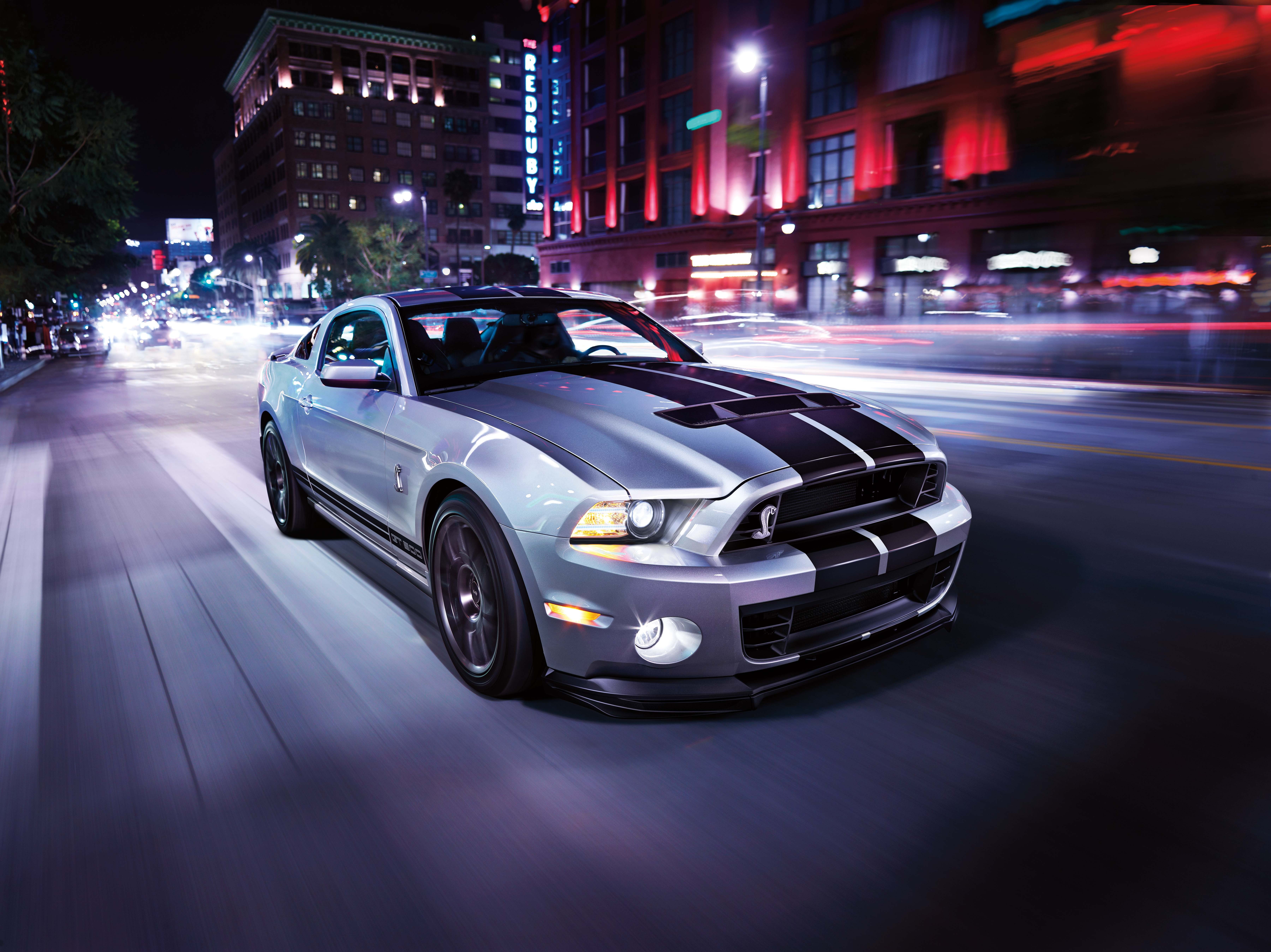 road, car, light, the city, strip, speed, mustang, sports car