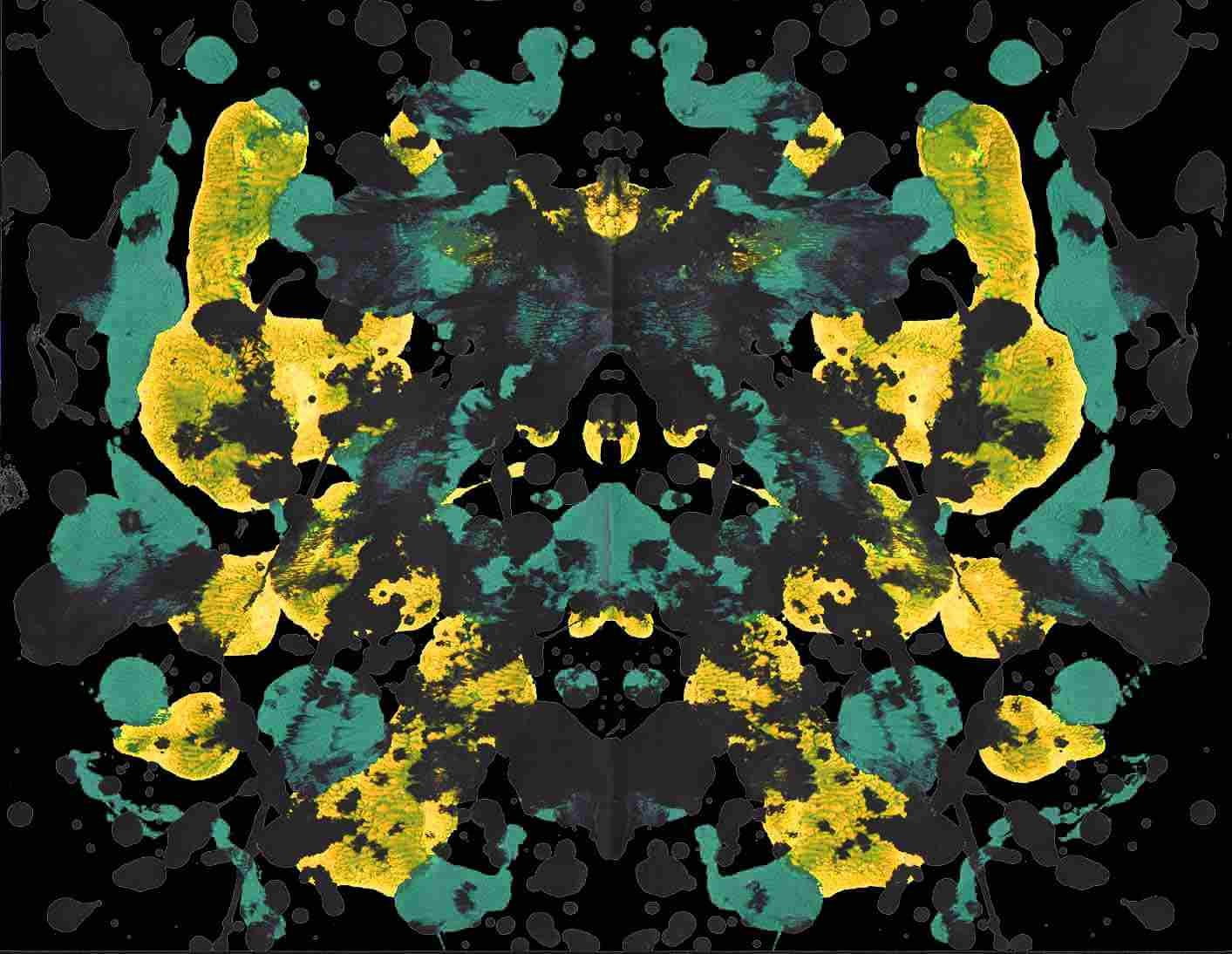 yellow and teal abstract painting, Rorschach test, ink, paint splatter