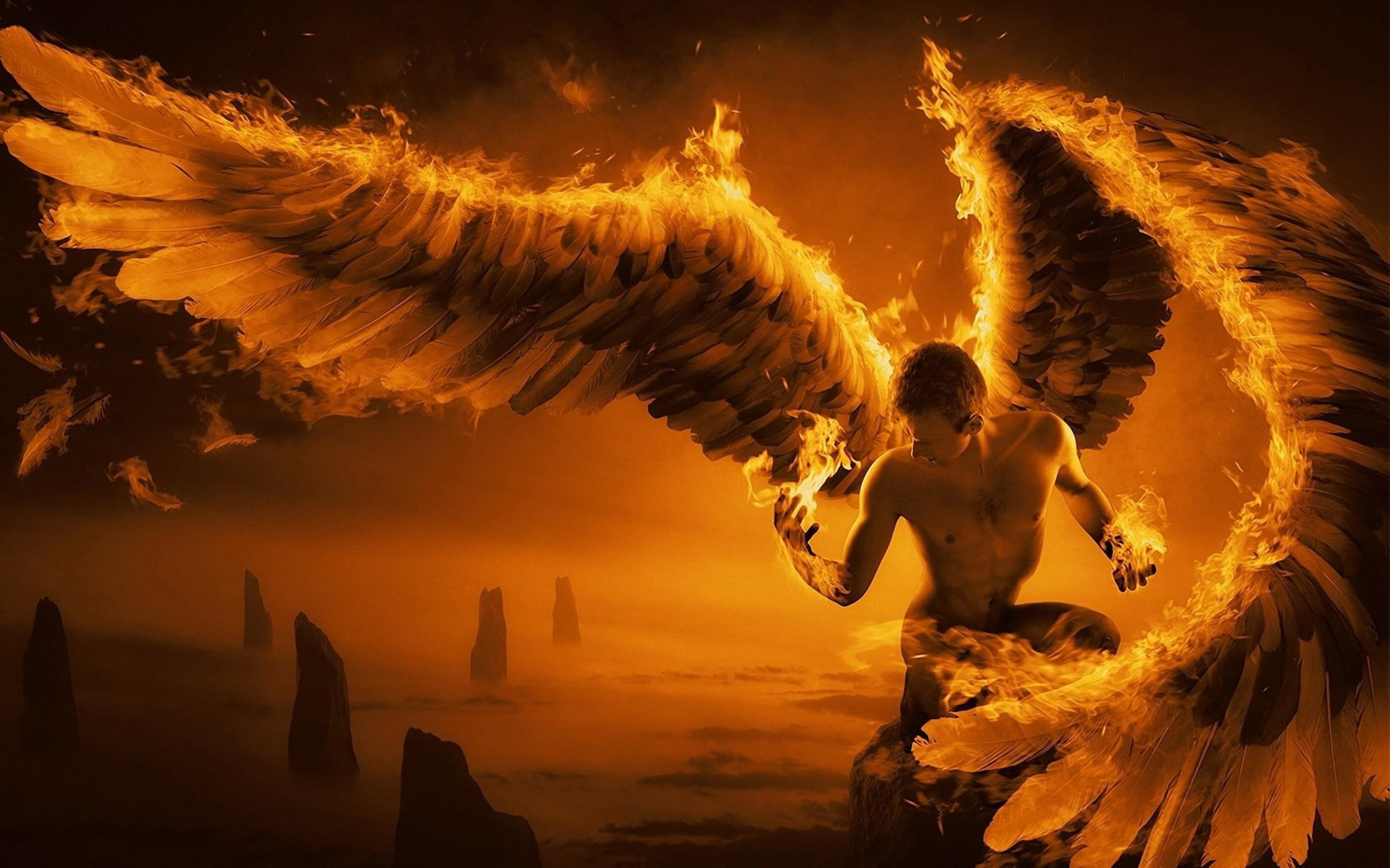 man with wings wallpaper, fire man, angel, sky, sunset, motion
