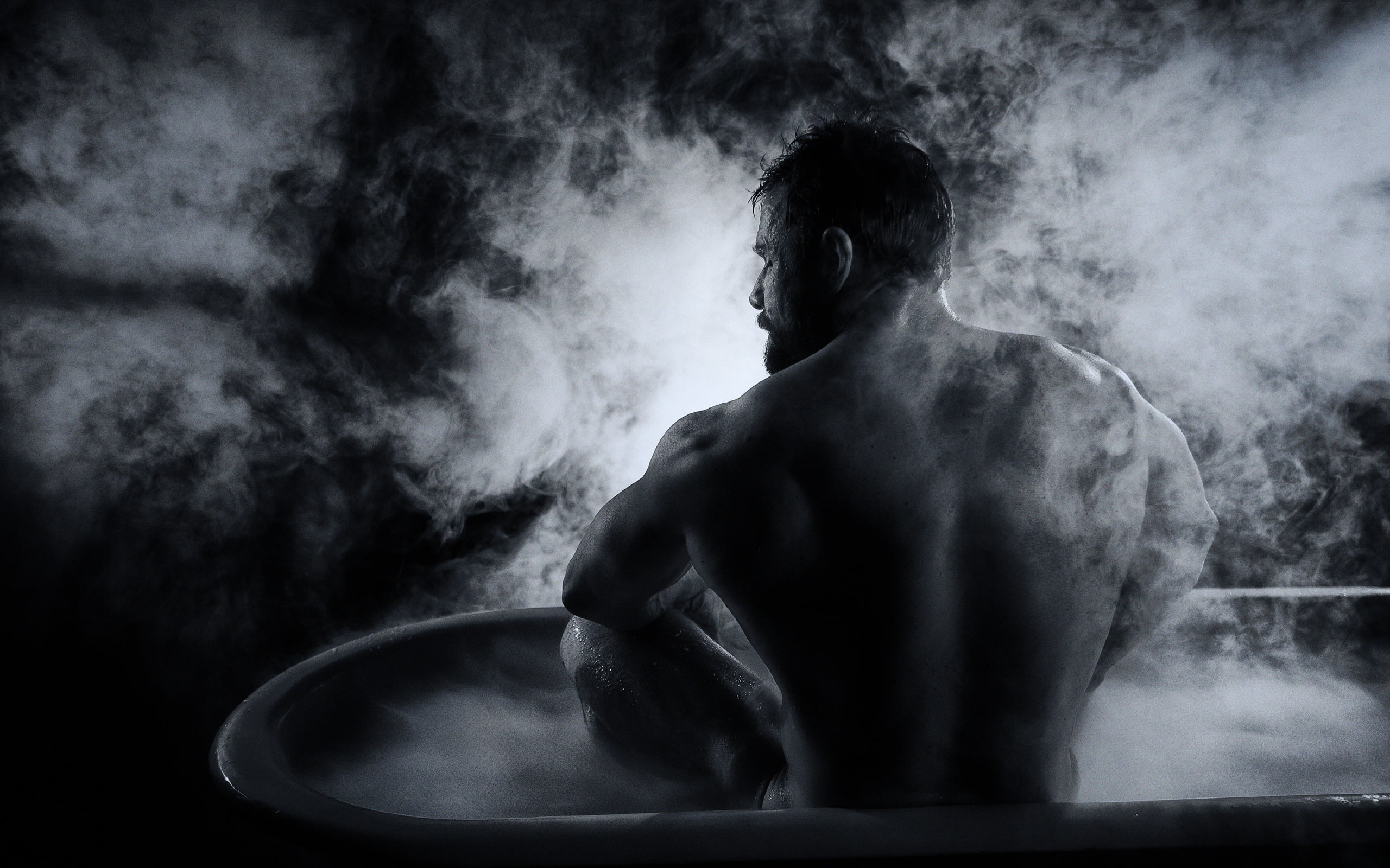 grayscale photo of topless man, background, bath, male, one person
