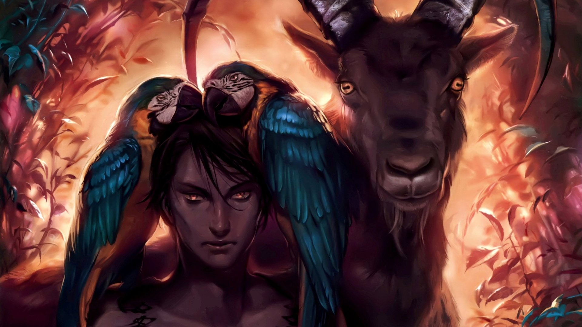 Fantasy, Artistic, Blue-And-Yellow Macaw, Goat, Man