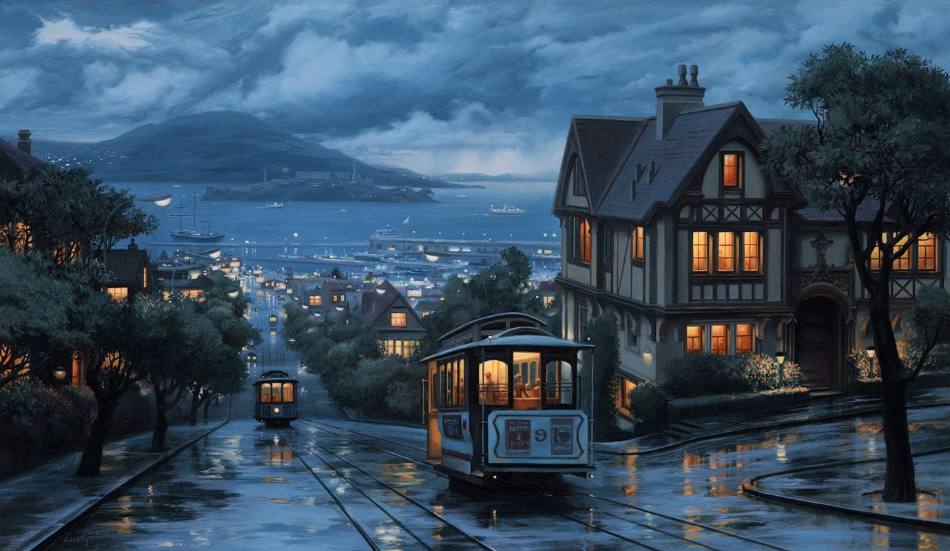 town landscape, city, coast, street, San Francisco, rain, architecture