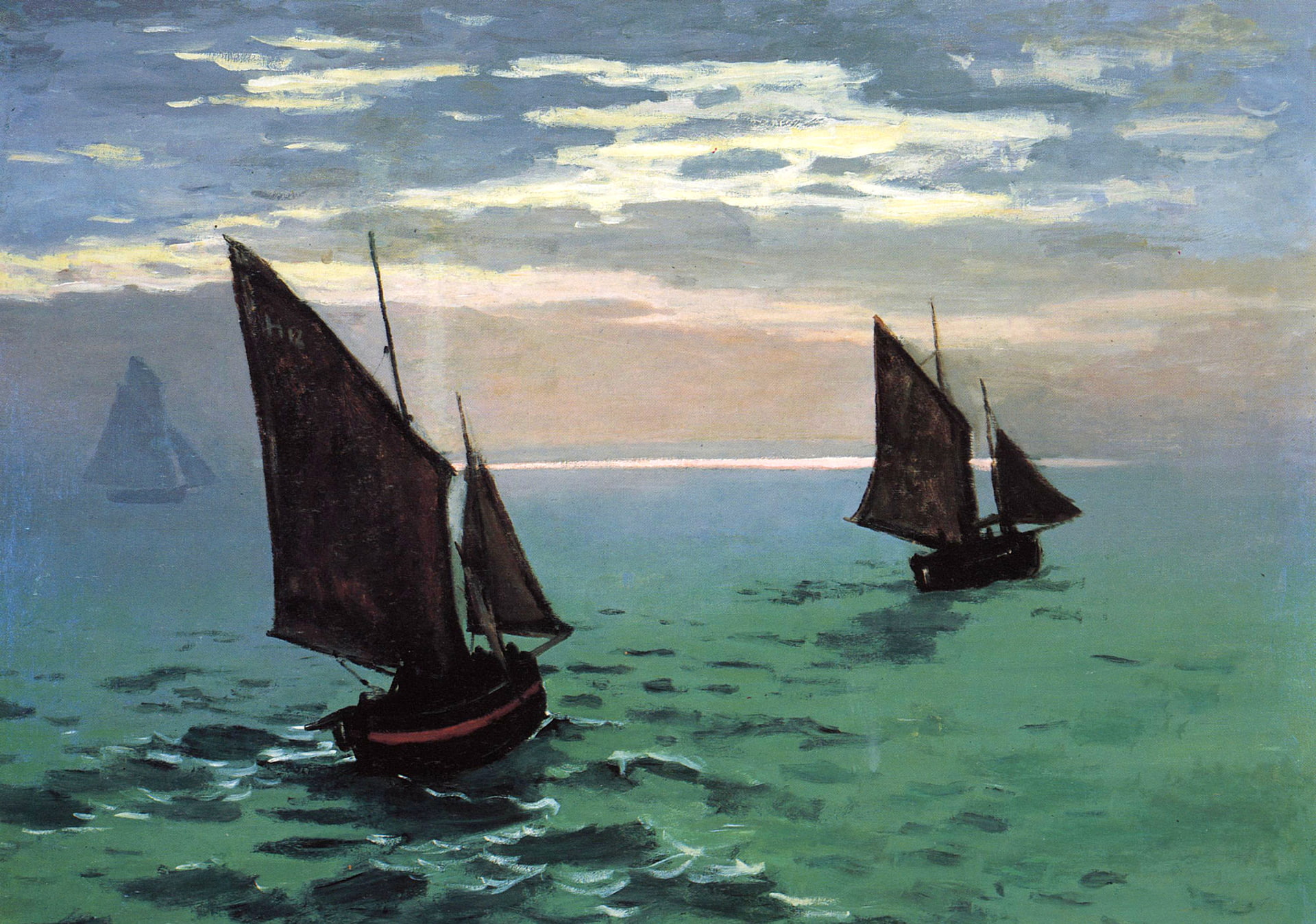 the sky, picture, sail, seascape, Claude Monet, Fishing Boats in the Sea