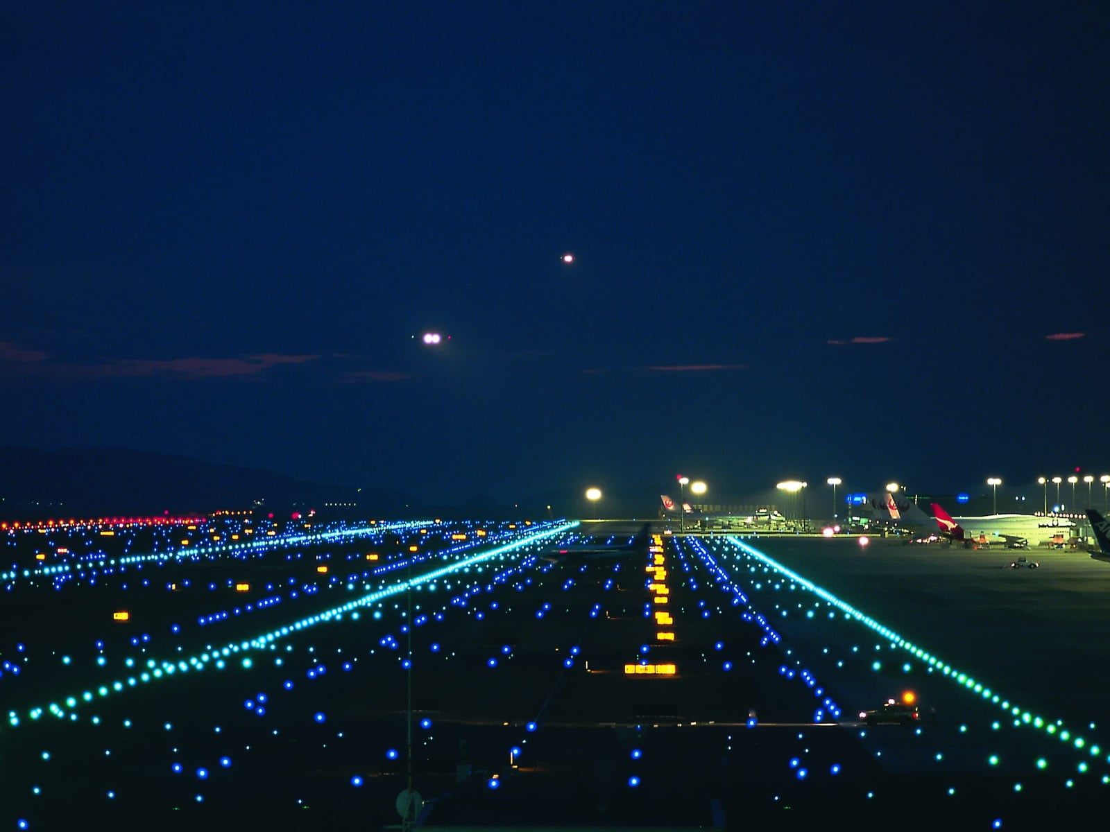 airport runway, lights, night, airplane, illuminated, sky, lighting equipment