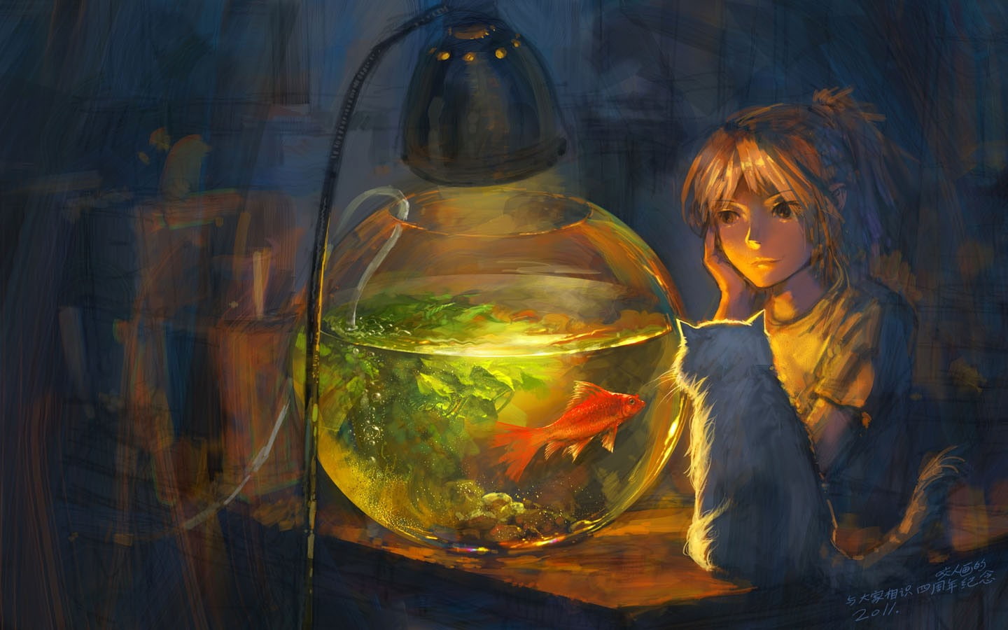Drawing Goldfish Cat Fish Tank HD, painting of girl staring at fish bowl beside cat on wooden table
