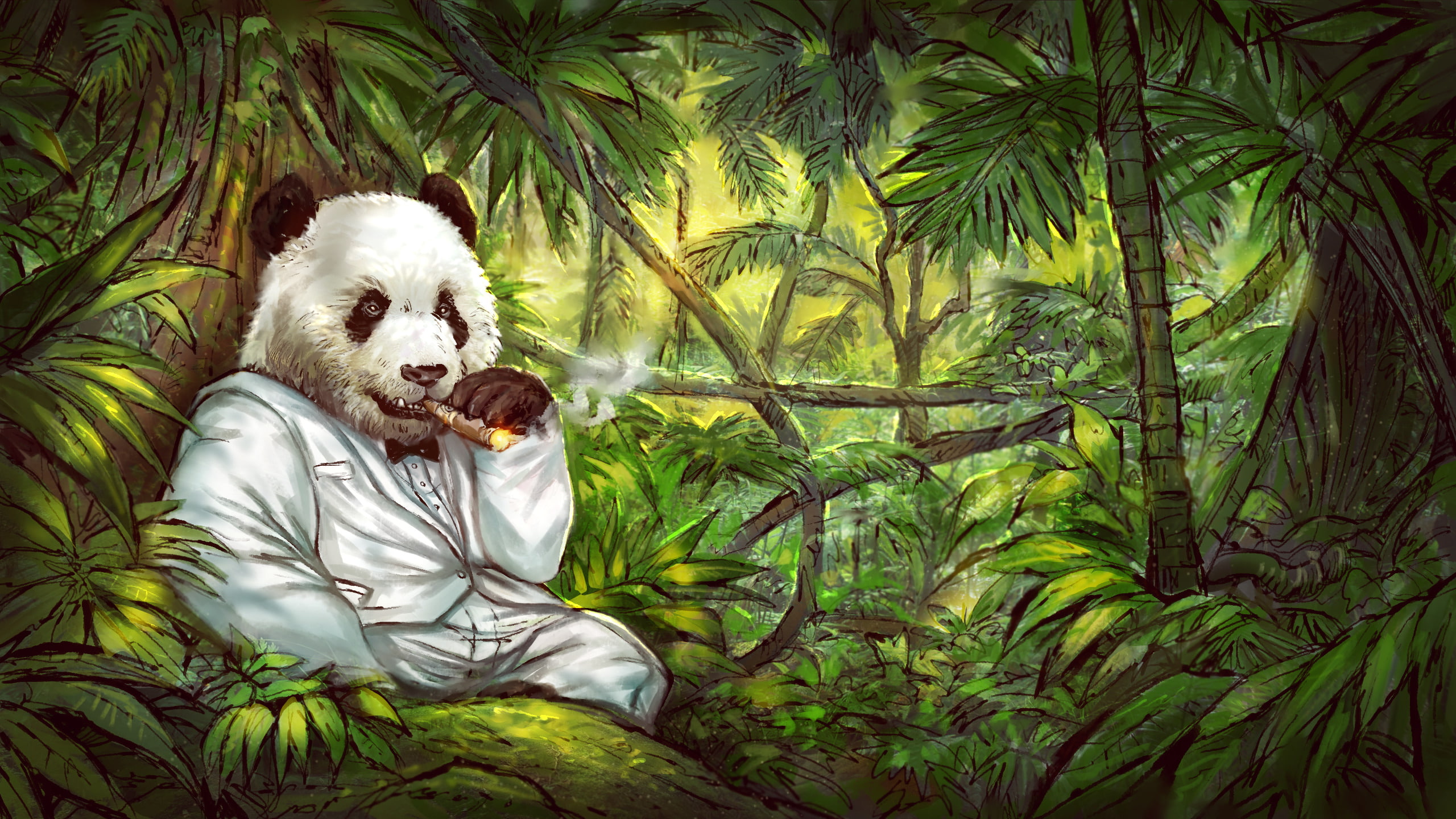 panda jungles cigars tuxedo, one person, tree, green color
