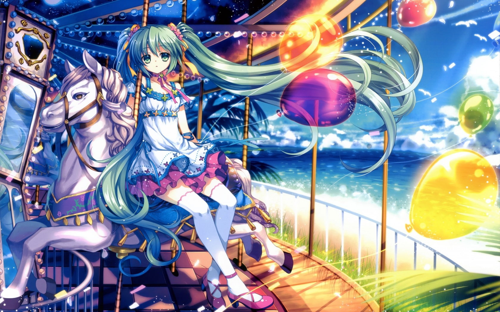 Green hair anime girl sitting on the merry-go-round