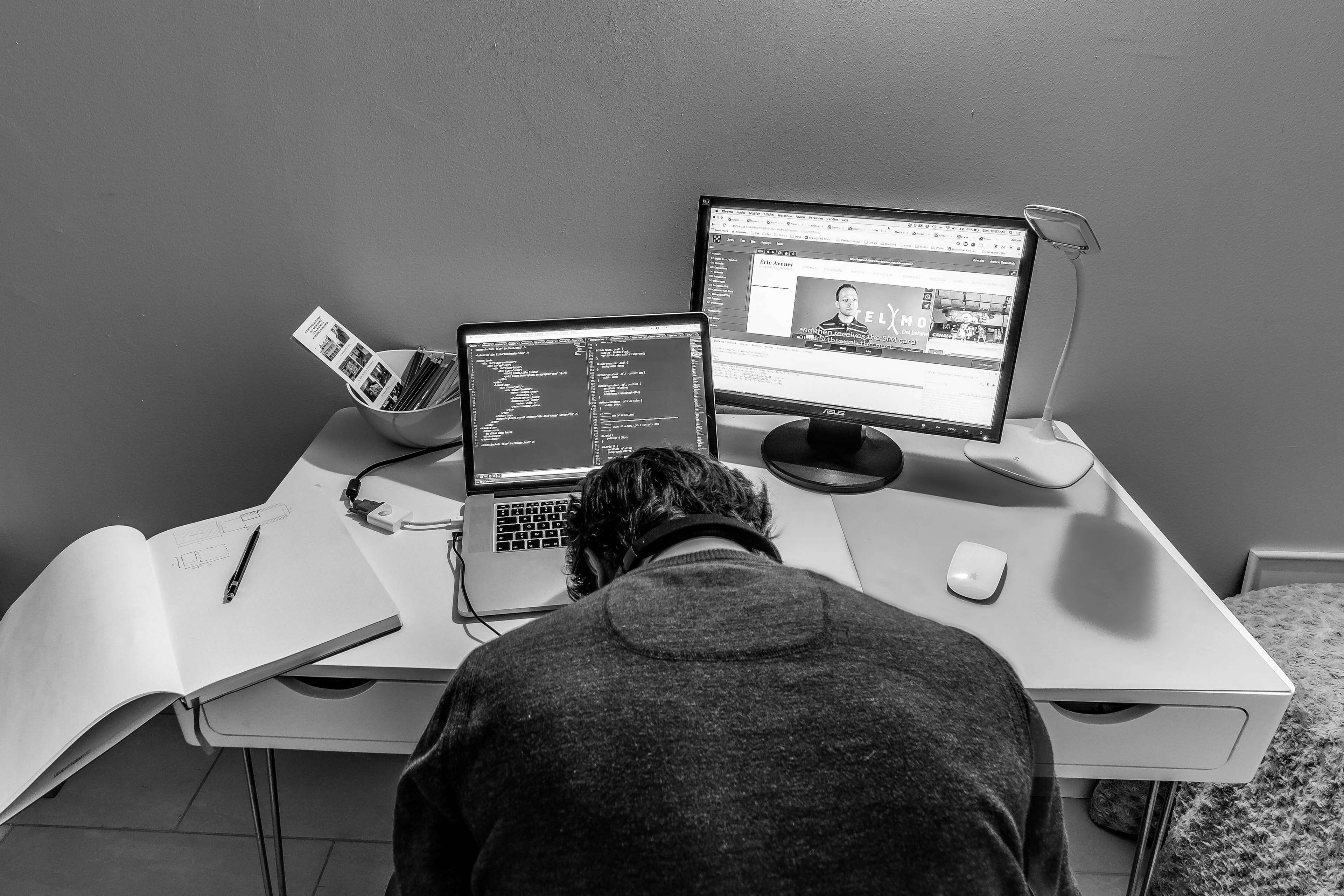 abandon, bureau, code, computer, desk, difficile, ecran, facedesk