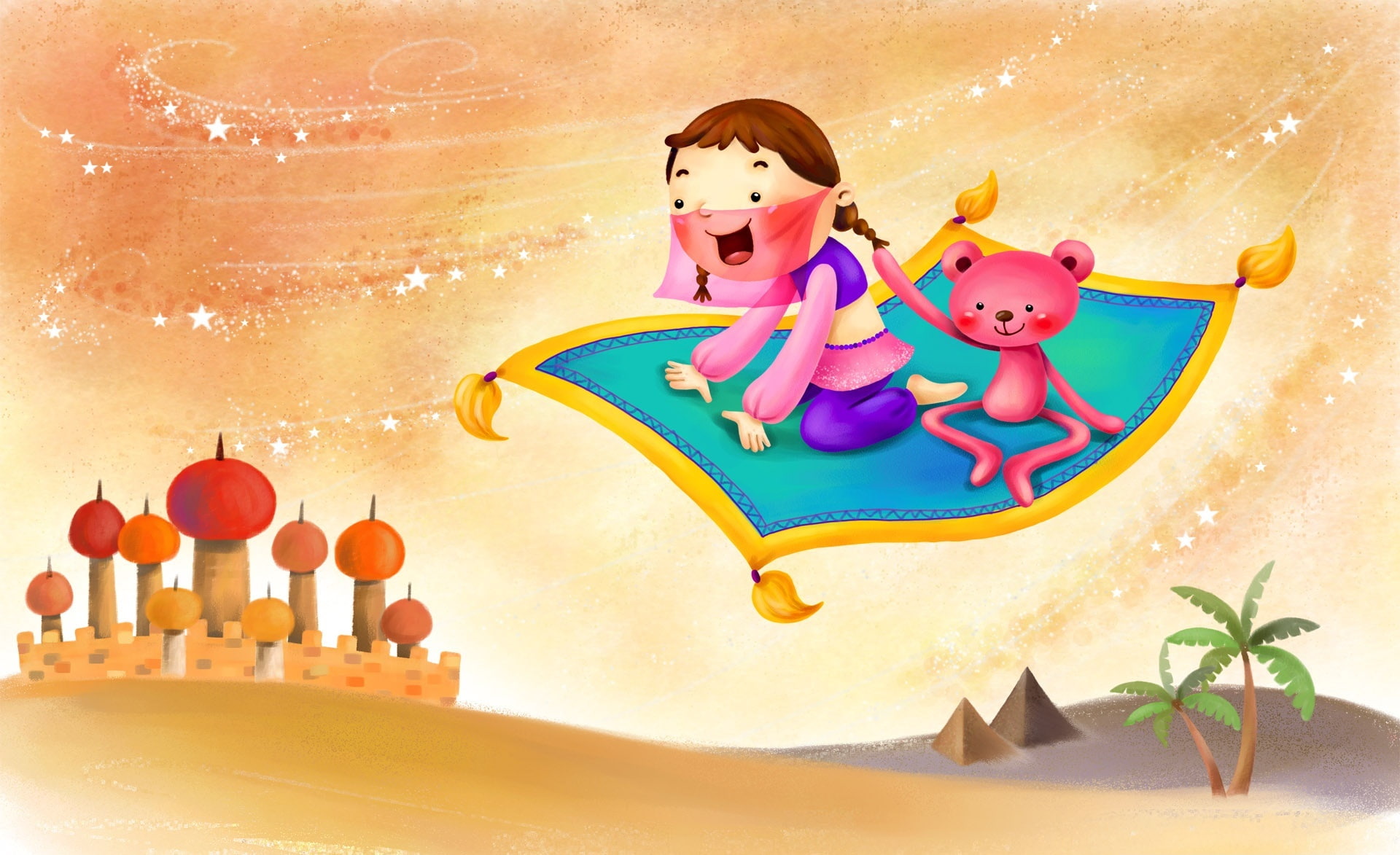 Children's Day, woman riding magic carpet with bear illustration
