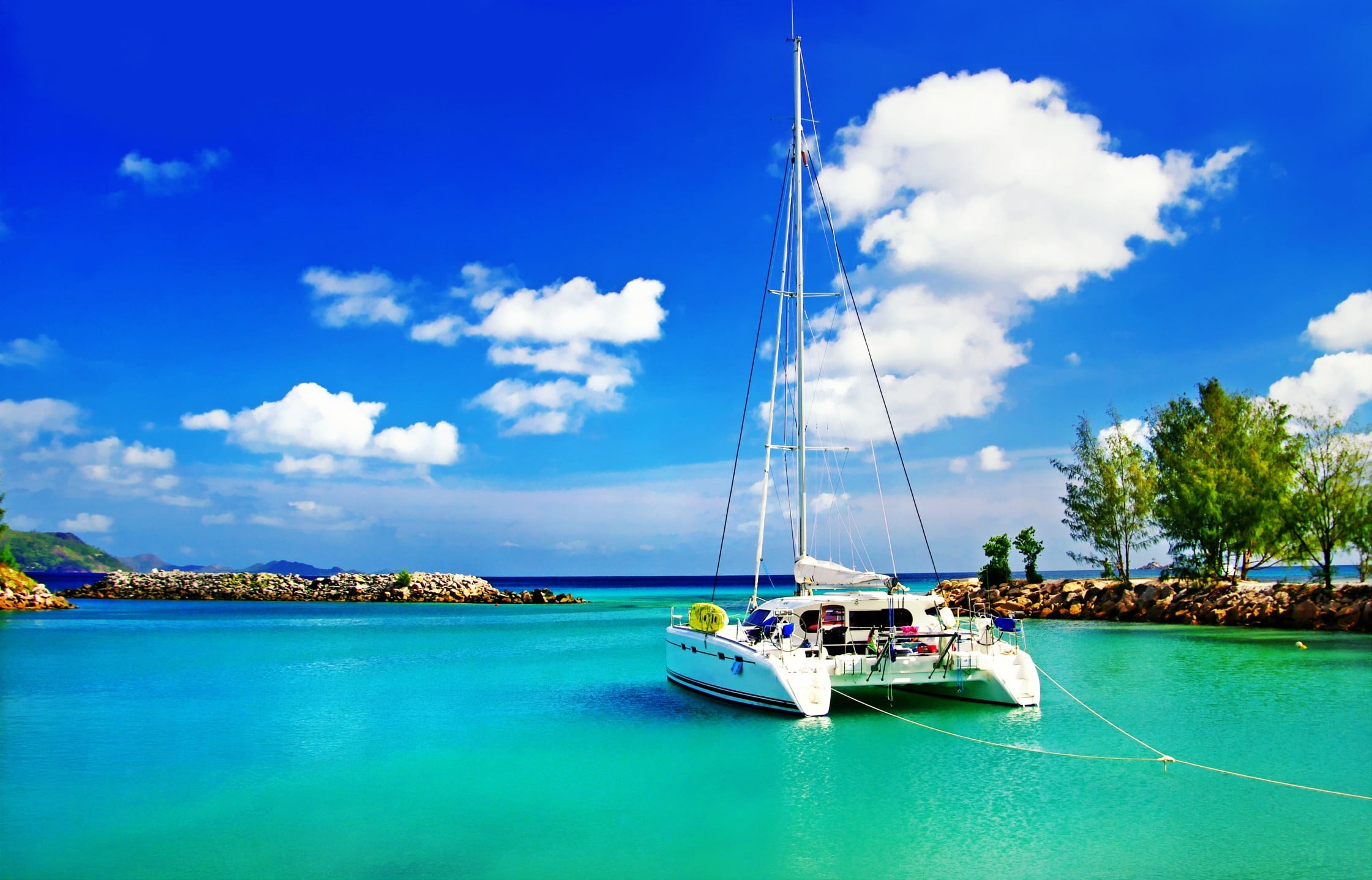 white catamaran, boat, sea, sky, clouds, nautical vessel, transportation