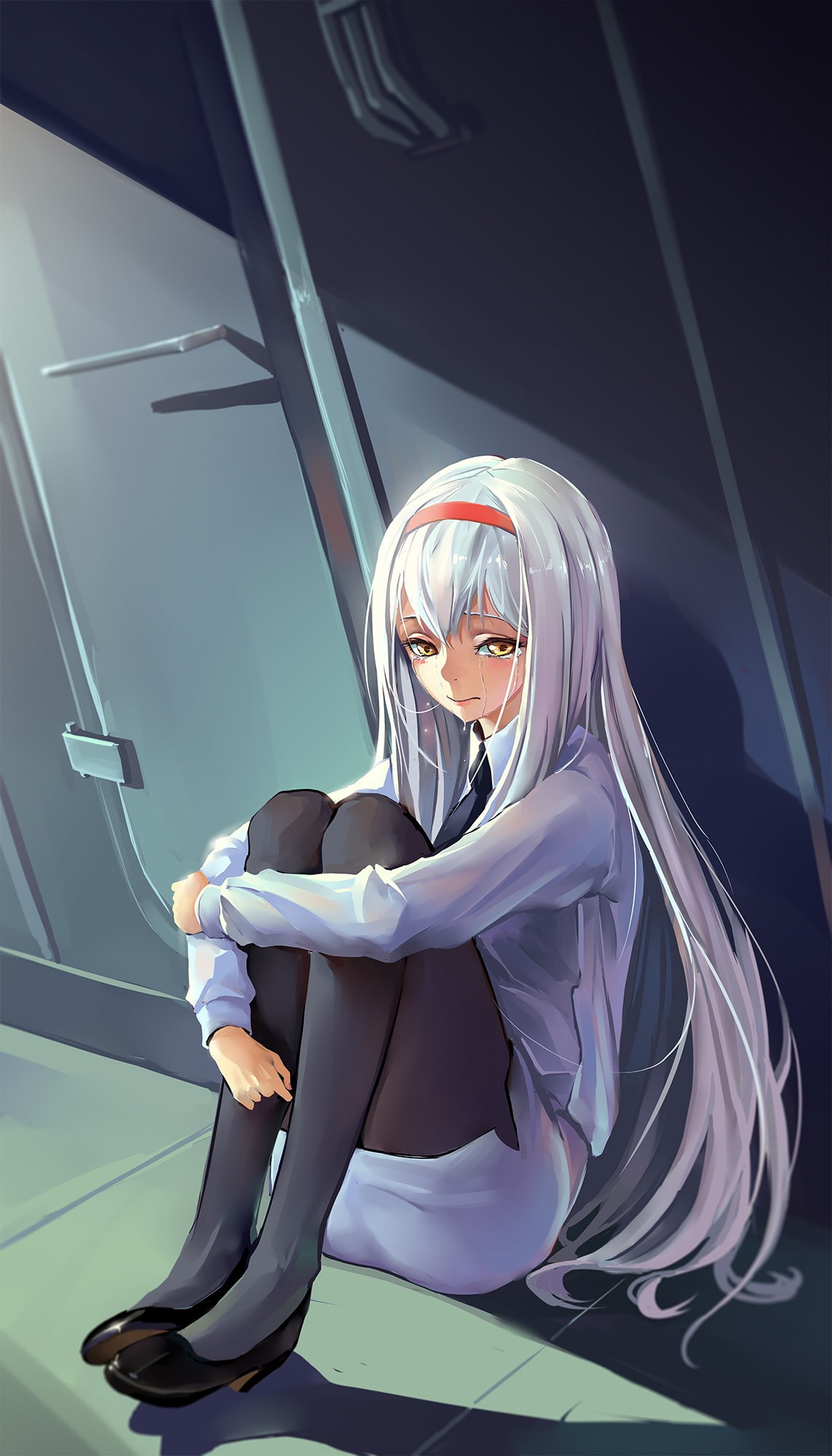 Free Download Hd Wallpaper Anime Anime Girls Skirt Stockings Long Hair Gray Hair 