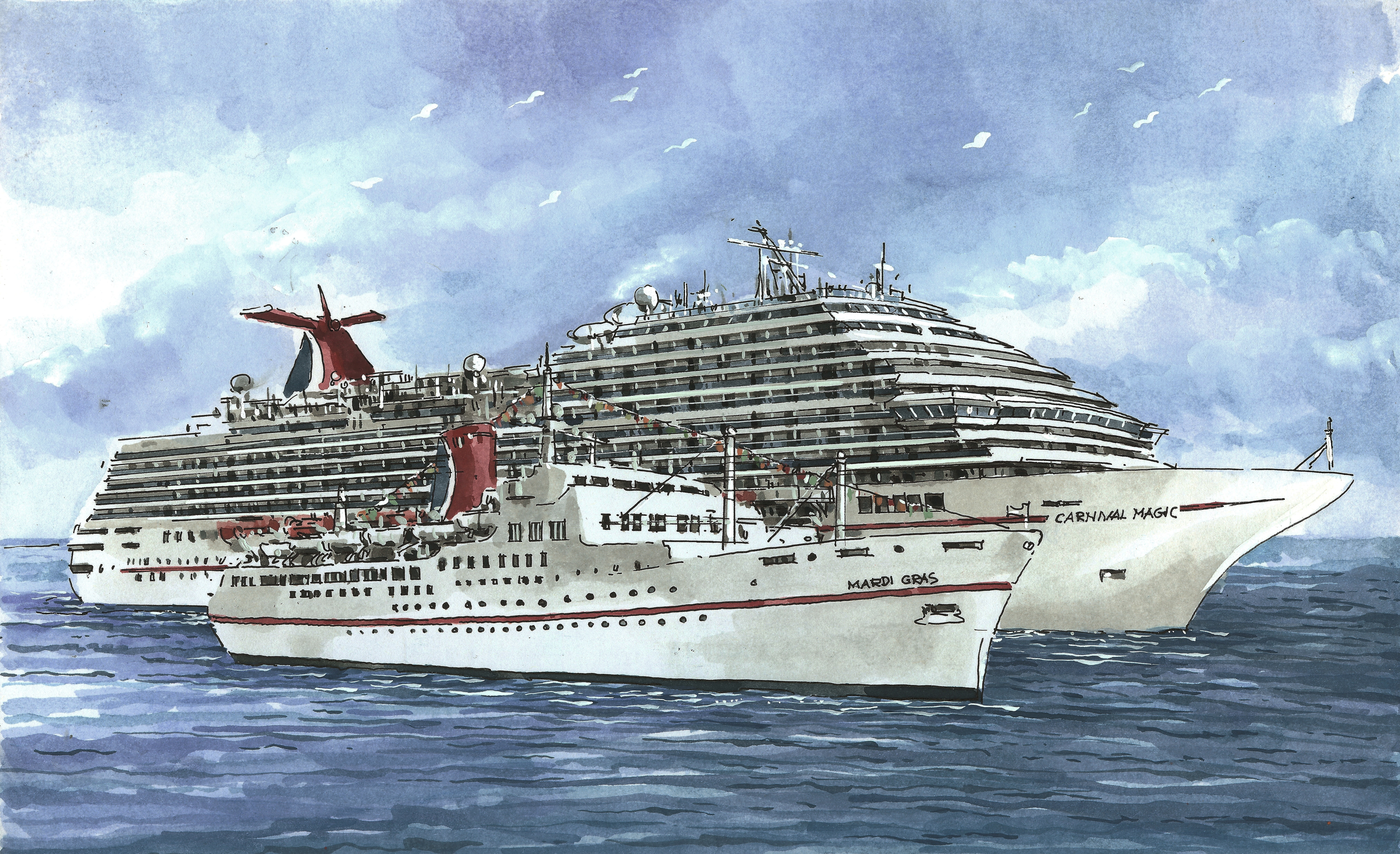 white cruise ship, The sky, Sea, Figure, Liner, The ship, Mardi Gras