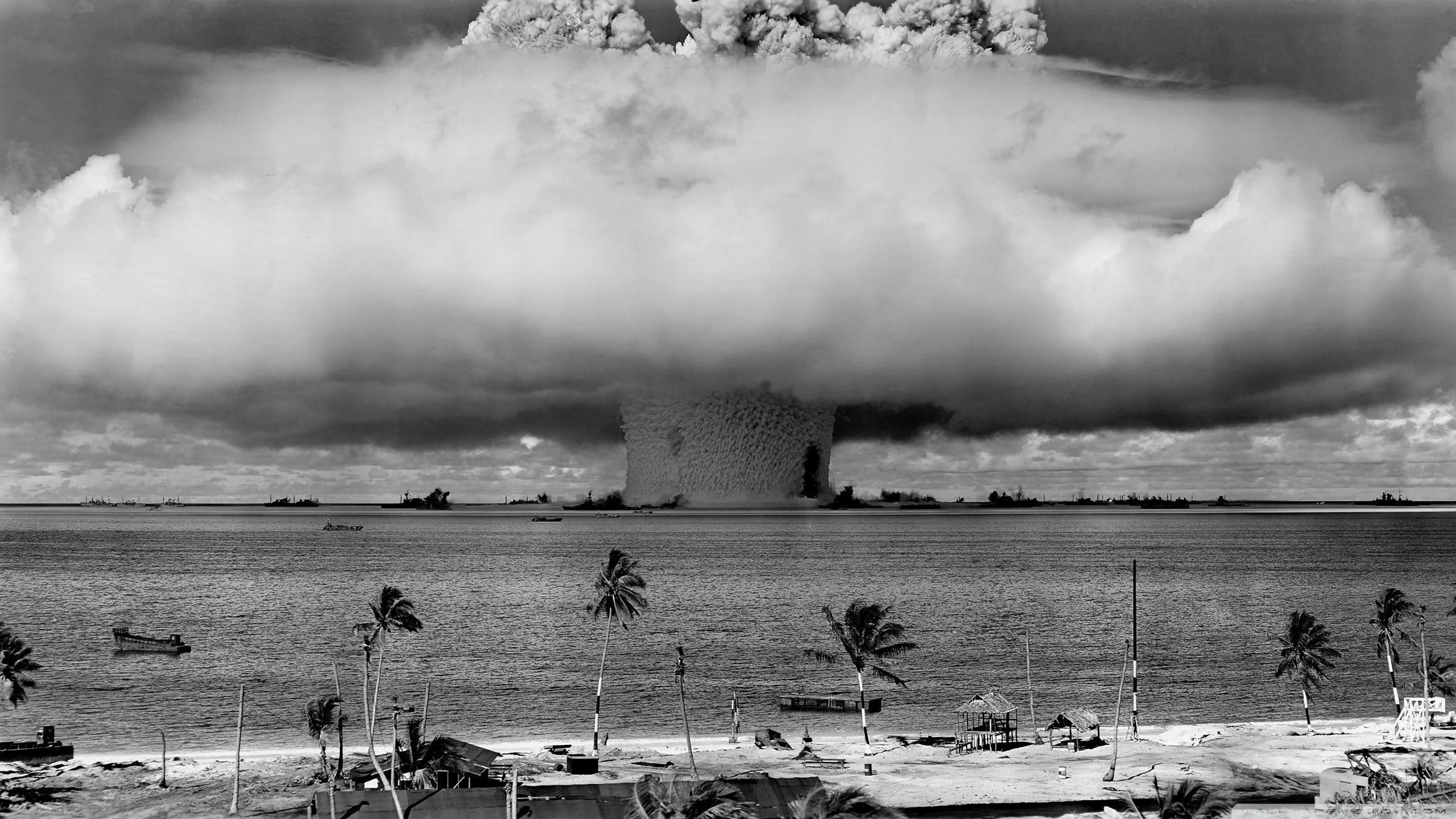 atomic bomb, monochrome, mushroom clouds
