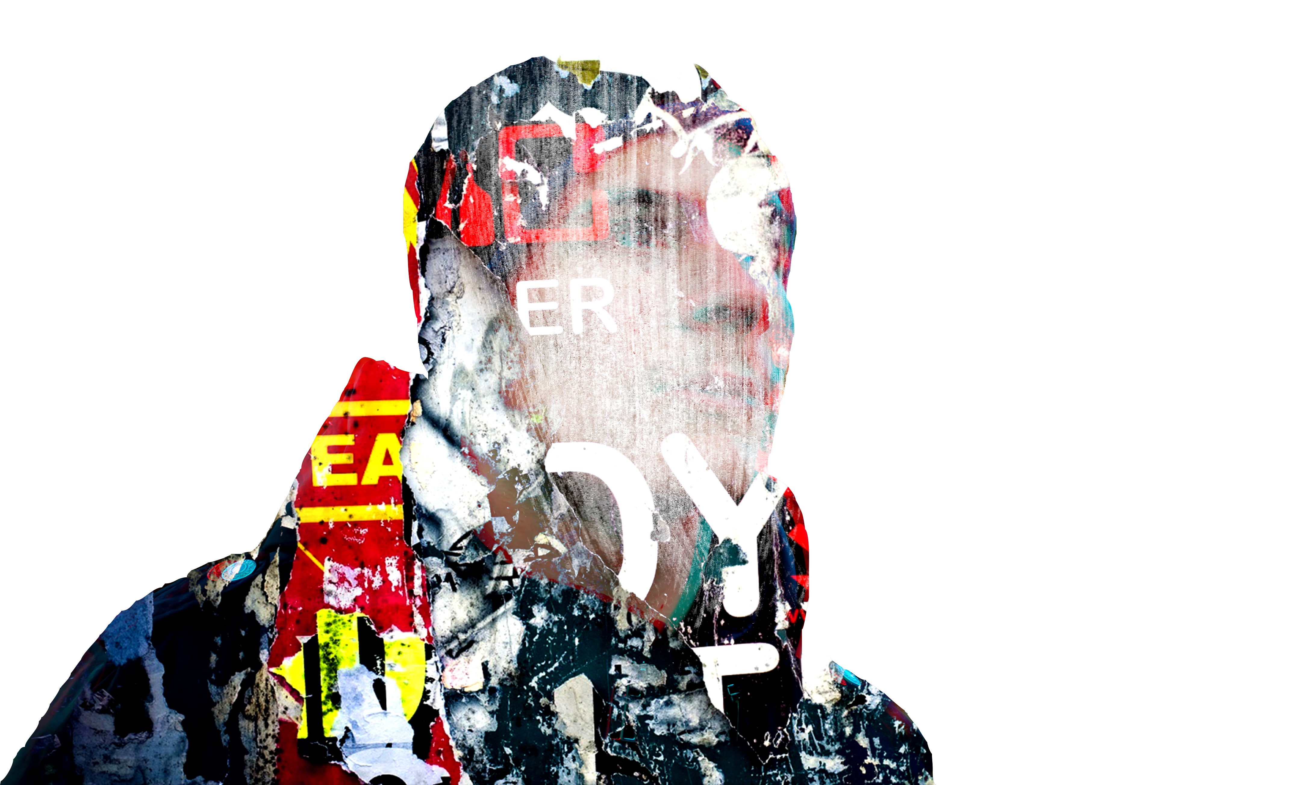Photoshop, double exposure, 3D, street art, red, blue, yellow