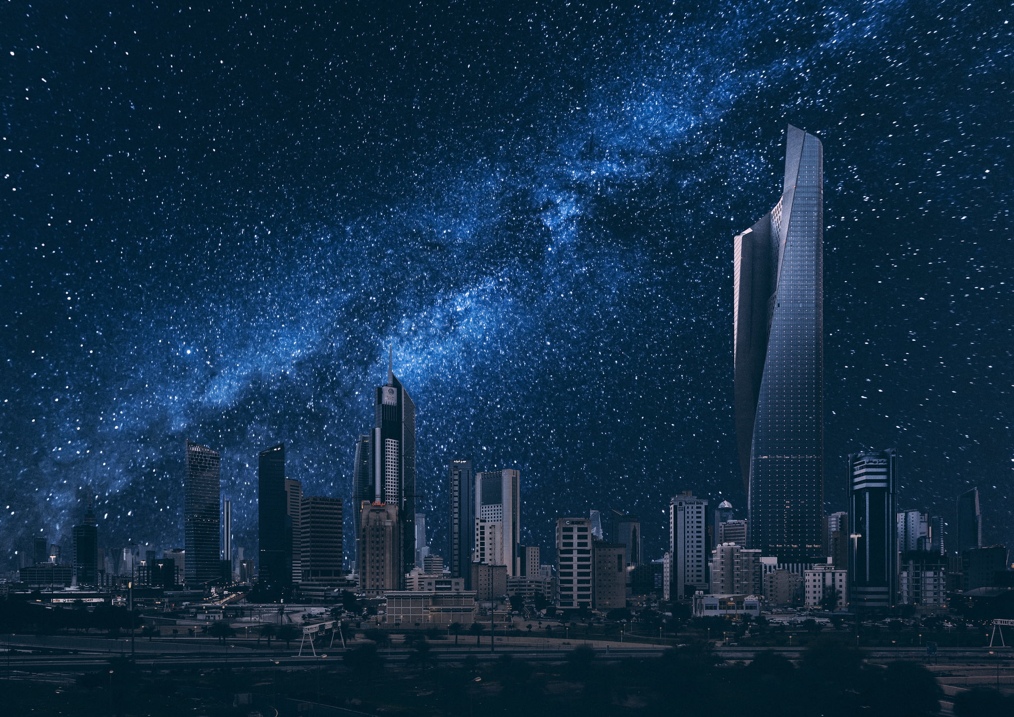 gray concrete tower, building, night city, starry sky, Kuwait City