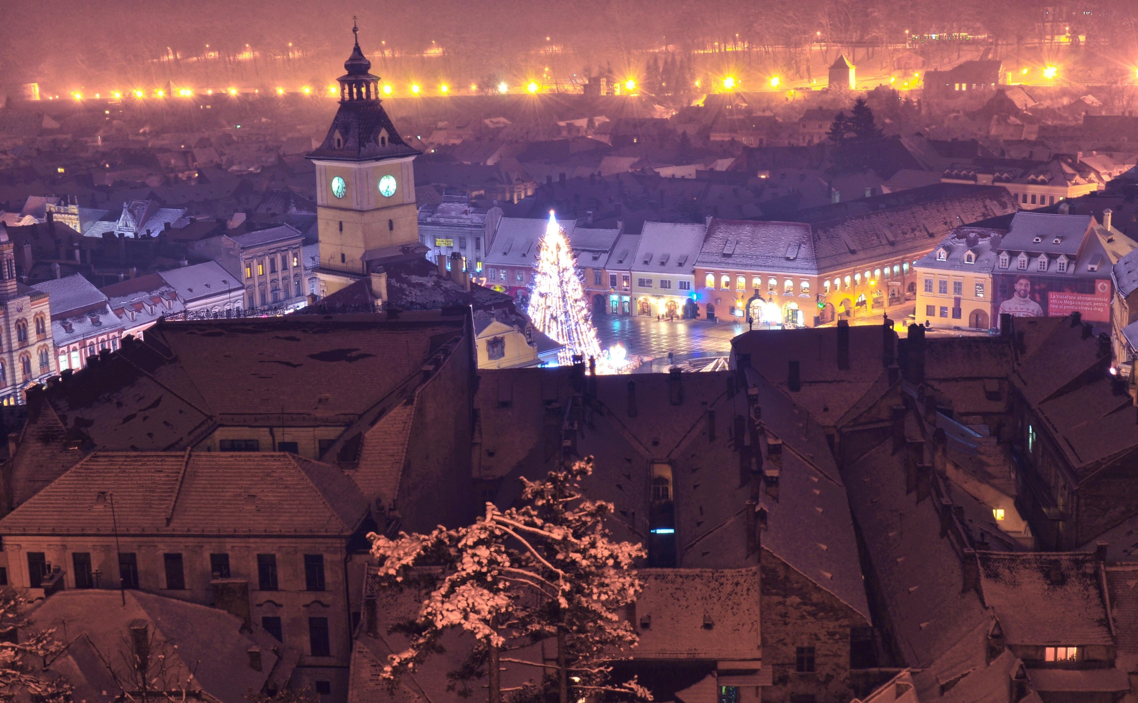 BRASOV by NIGHT, beige tower, Europe, Others, Lights, City, Travel