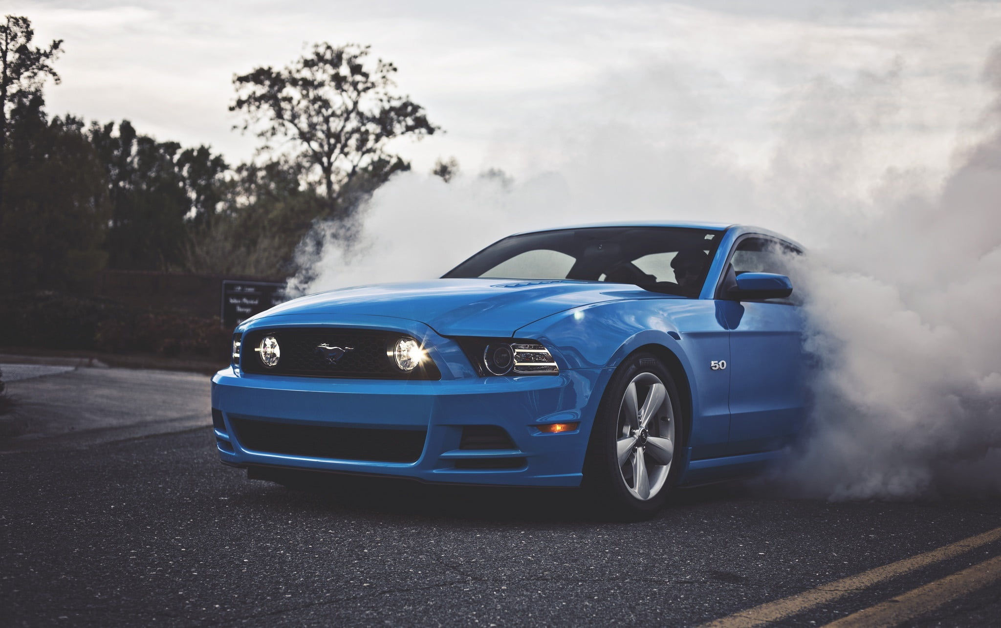 blue Ford Mustang, 5.0, Smoke, Muscle Car, transportation, mode of transportation