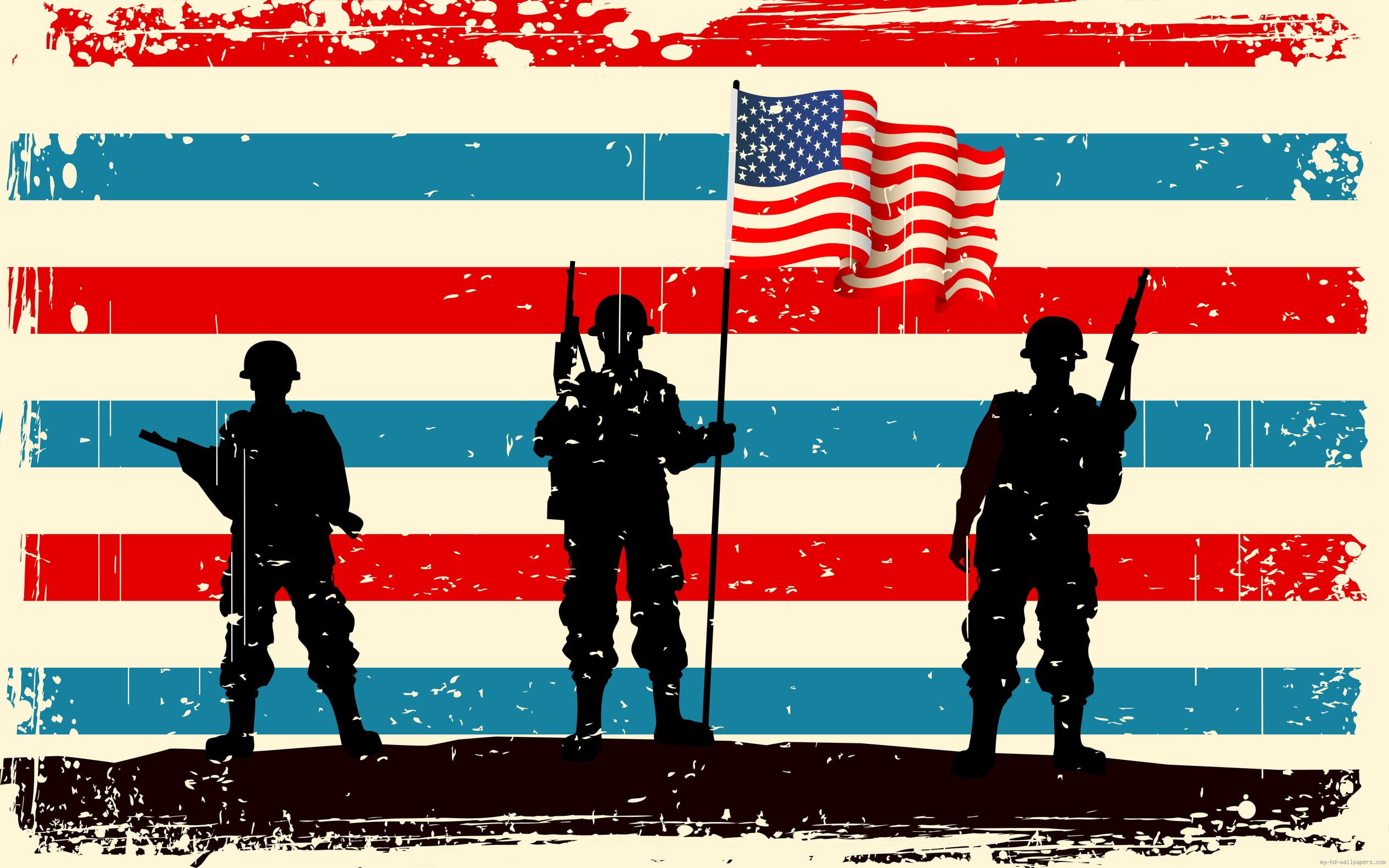 American soldiers remember, silhouette of 2 soldiers and 1 soldier holding an american flag