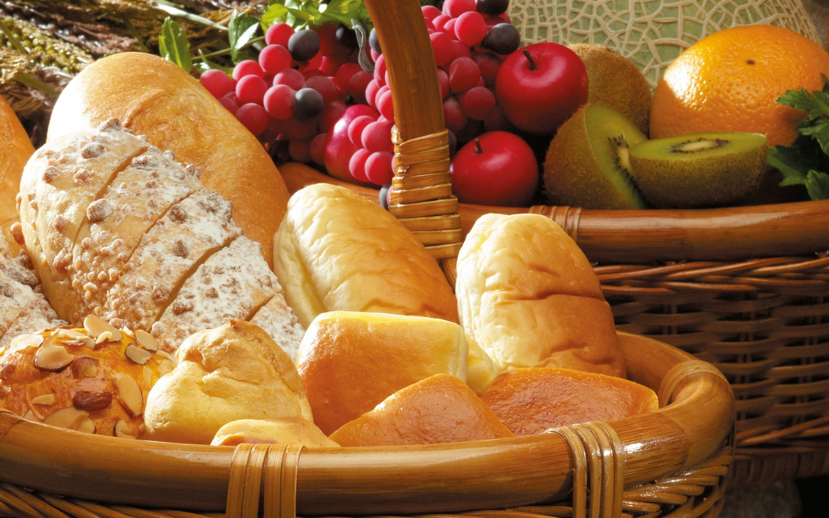 basket of bread, baskets, buns, pastries, white bread, biscuits