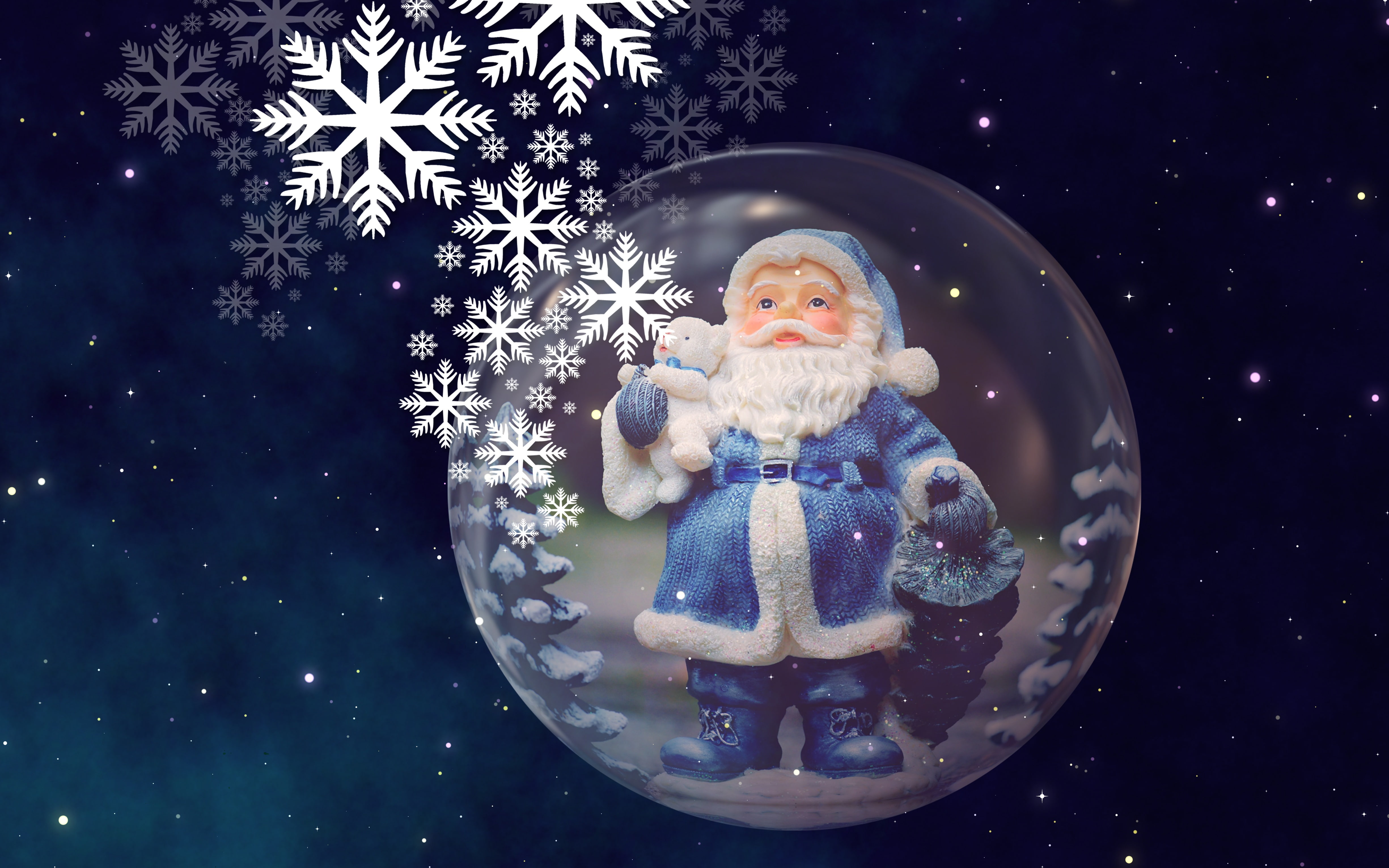 Santa Claus figurine, the sky, space, stars, flight, snowflakes