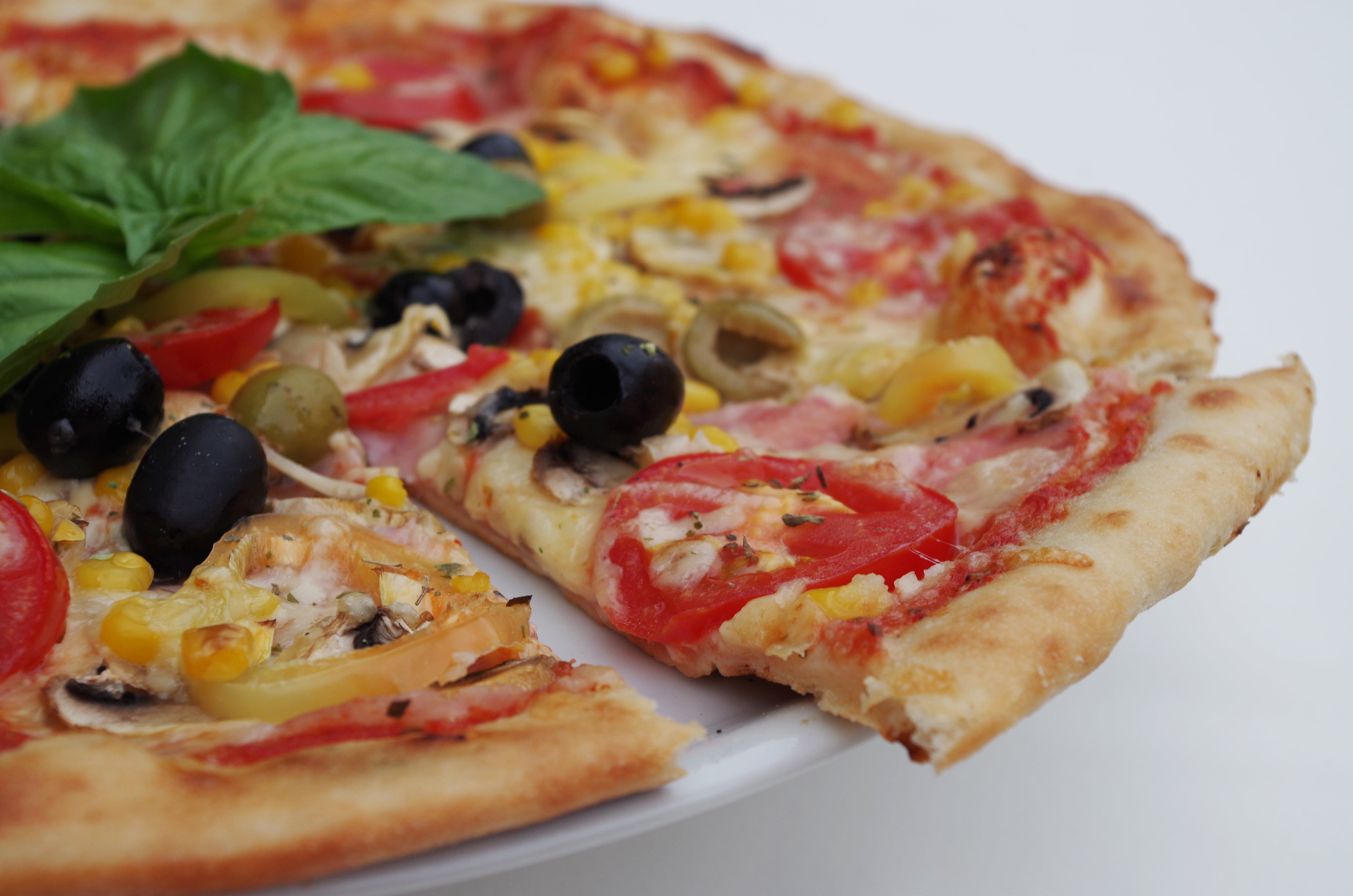 pizza dish, olives, basil, cheese, pastries, food, tomato, mozzarella