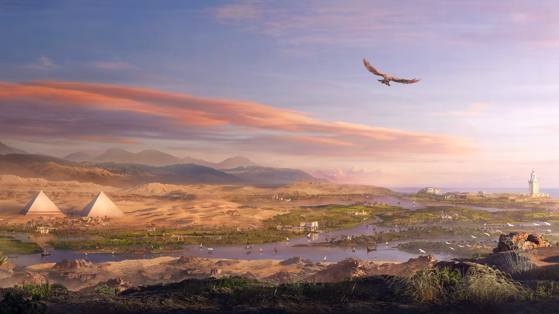 video games, landscape, Egypt, eagle, pyramid, river, Assassin's Creed: Origins