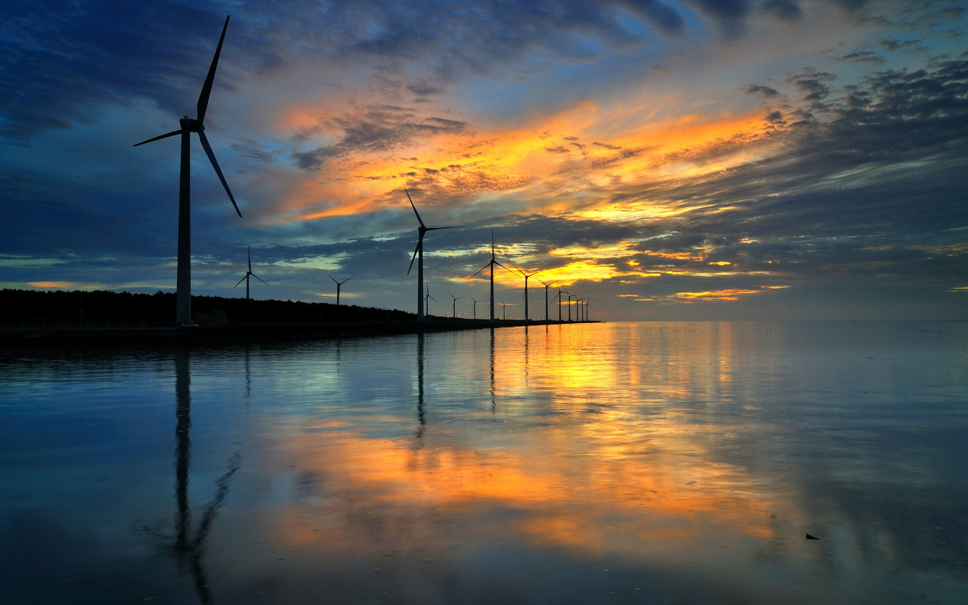 wind turbine, water, sunset, sky, environmental conservation