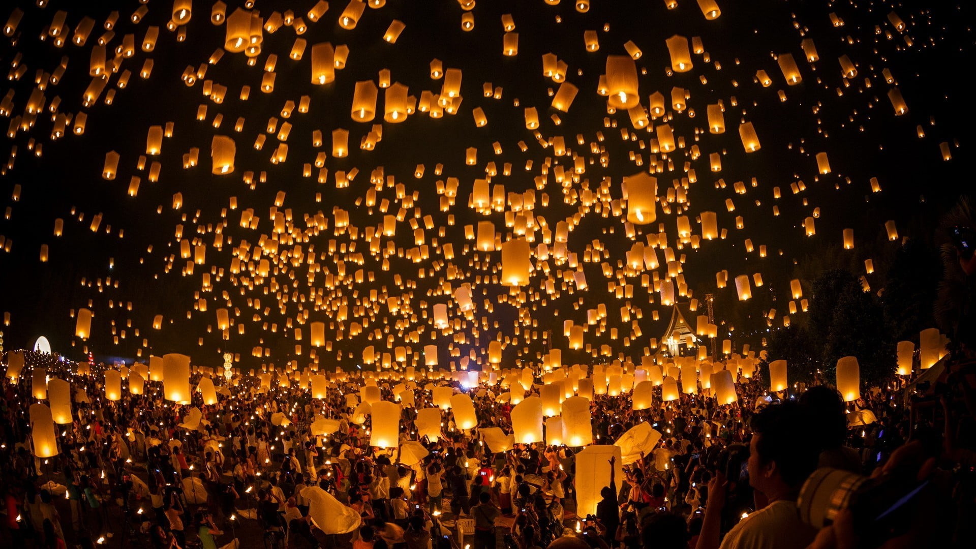 orange lanterns, lamp, people, festivals, crowd, large group of people
