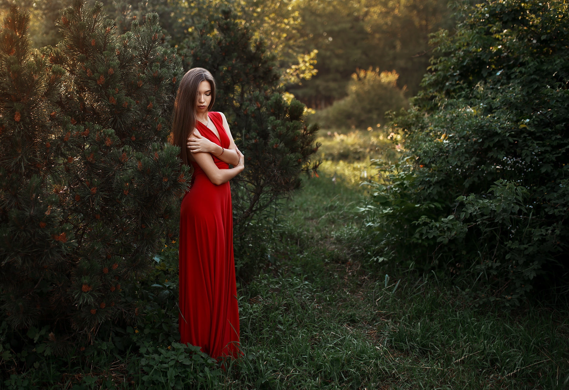 dress, women outdoors, model, red dress, brunette, depth of field