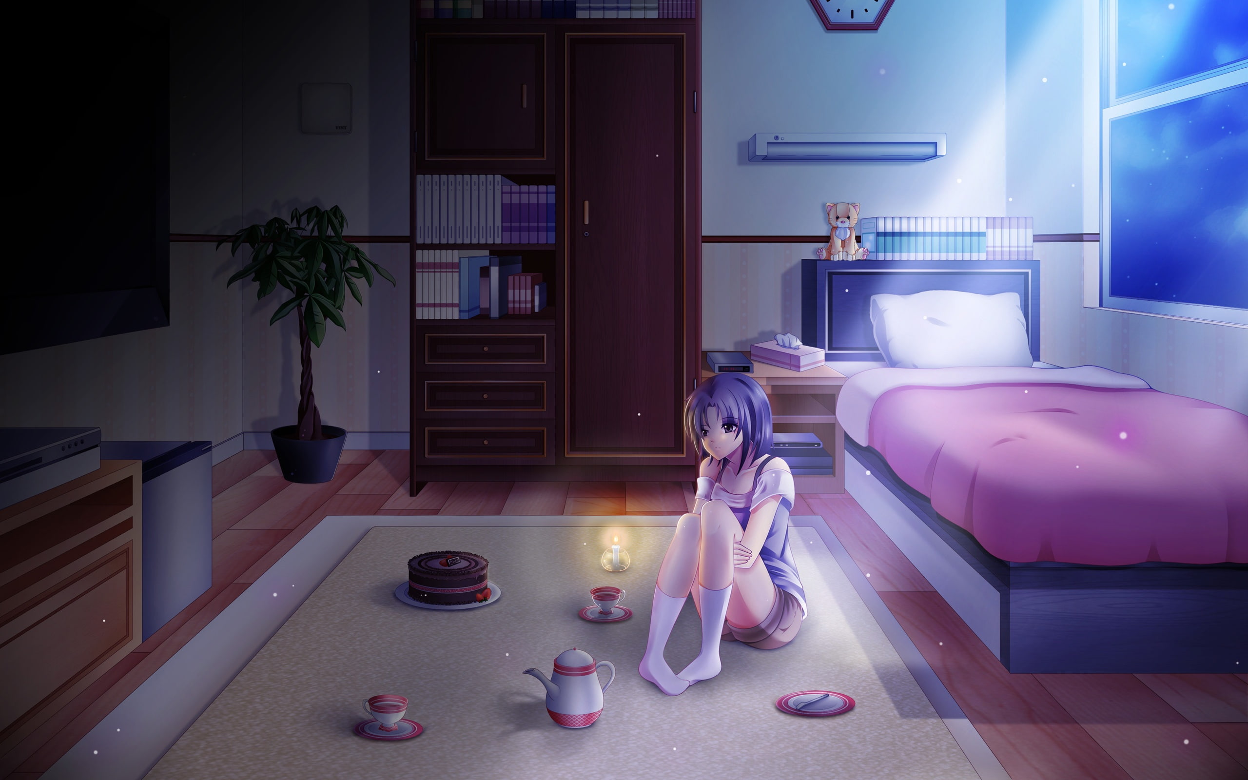 Free download | HD wallpaper: Lonely night, anime girl at bedroom,  moonlight | Wallpaper Flare
