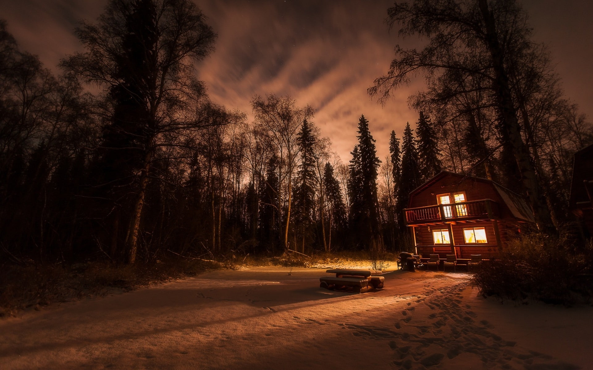 nature, landscape, snow, winter, cottage, forest, night, lights