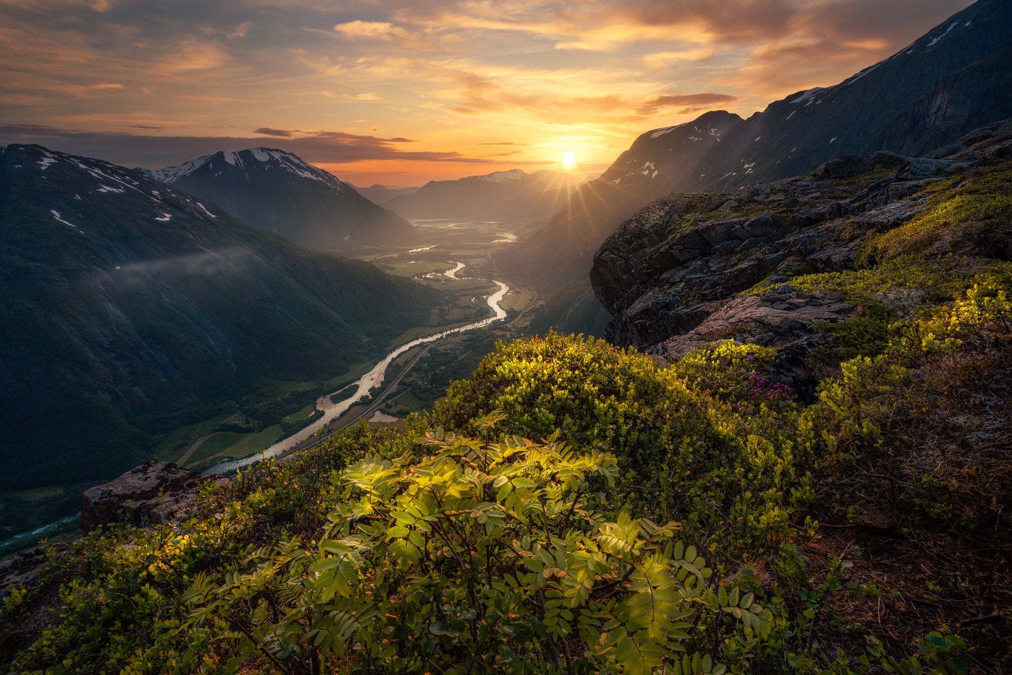 sunset, mountains, river, valley, Norway, Romsdalen Valley