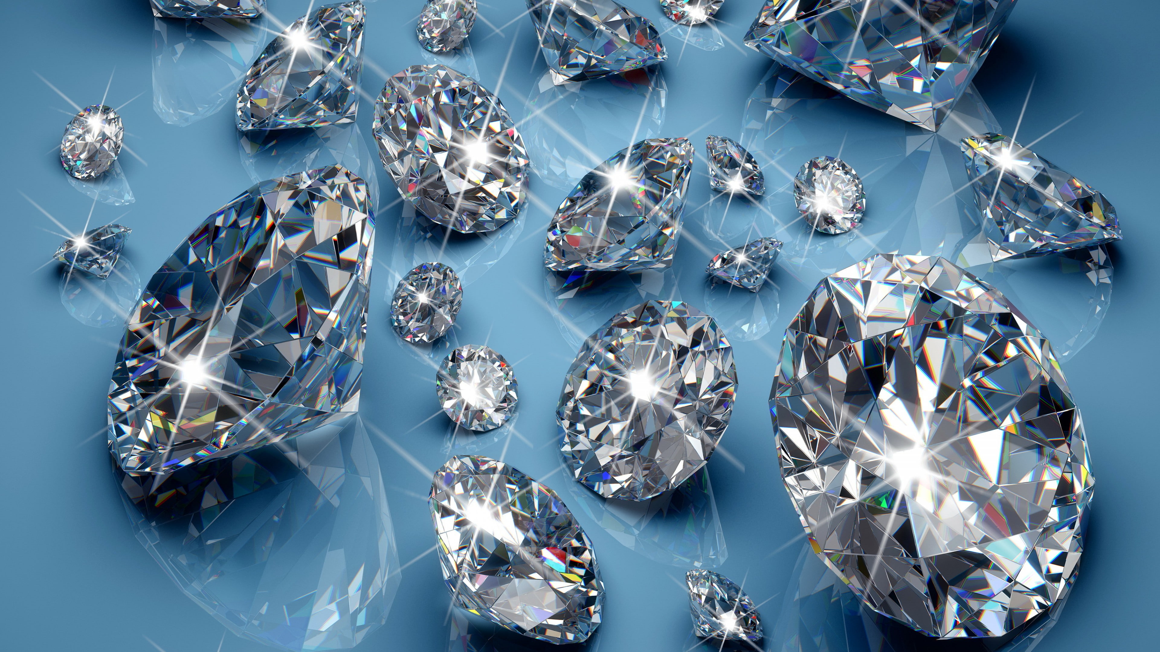 clear gemstone on blue panel, diamonds, 4k, 5k wallpaper, light