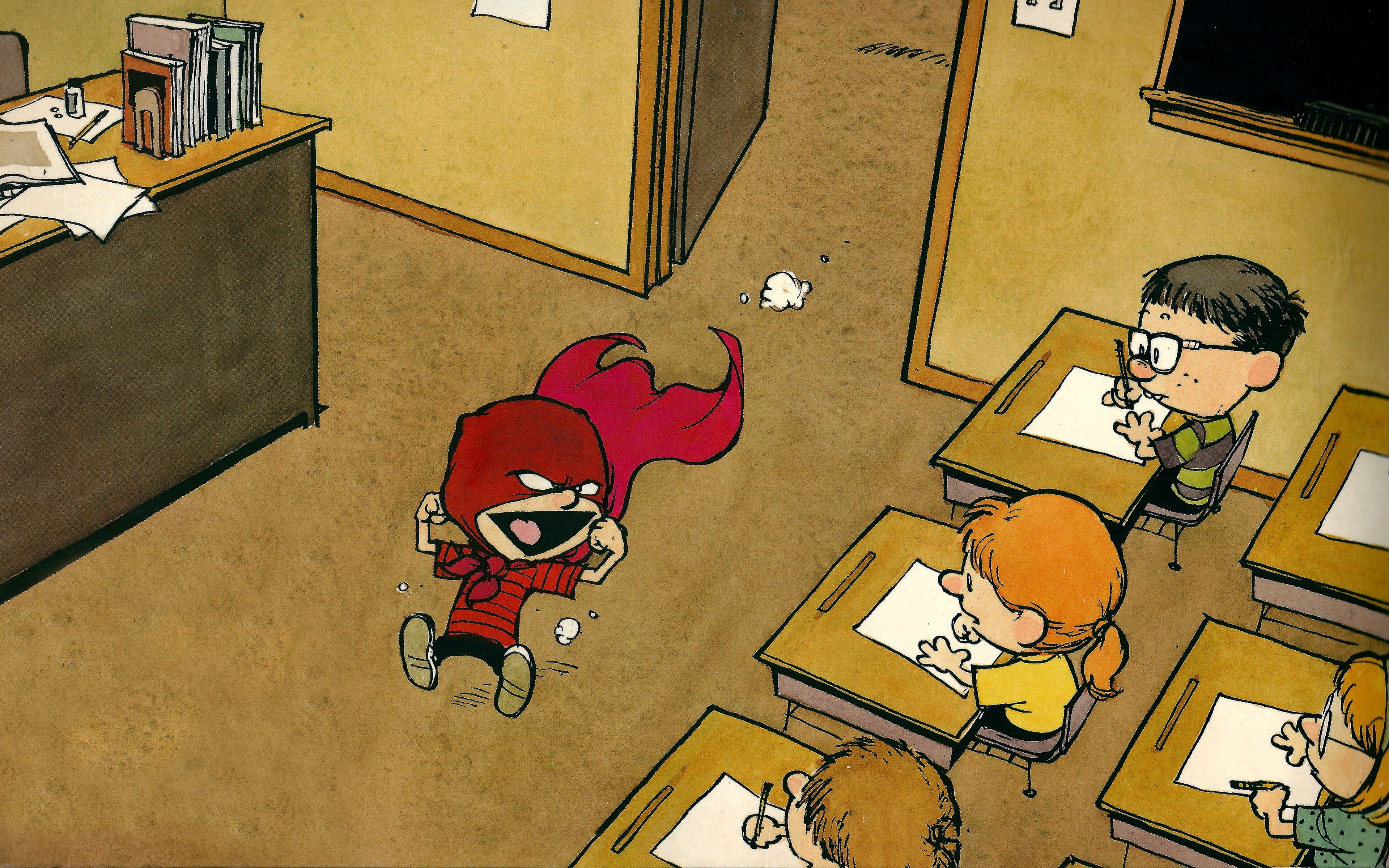 boy in red cape inside classroom 2D cartoon show, Calvin and Hobbes